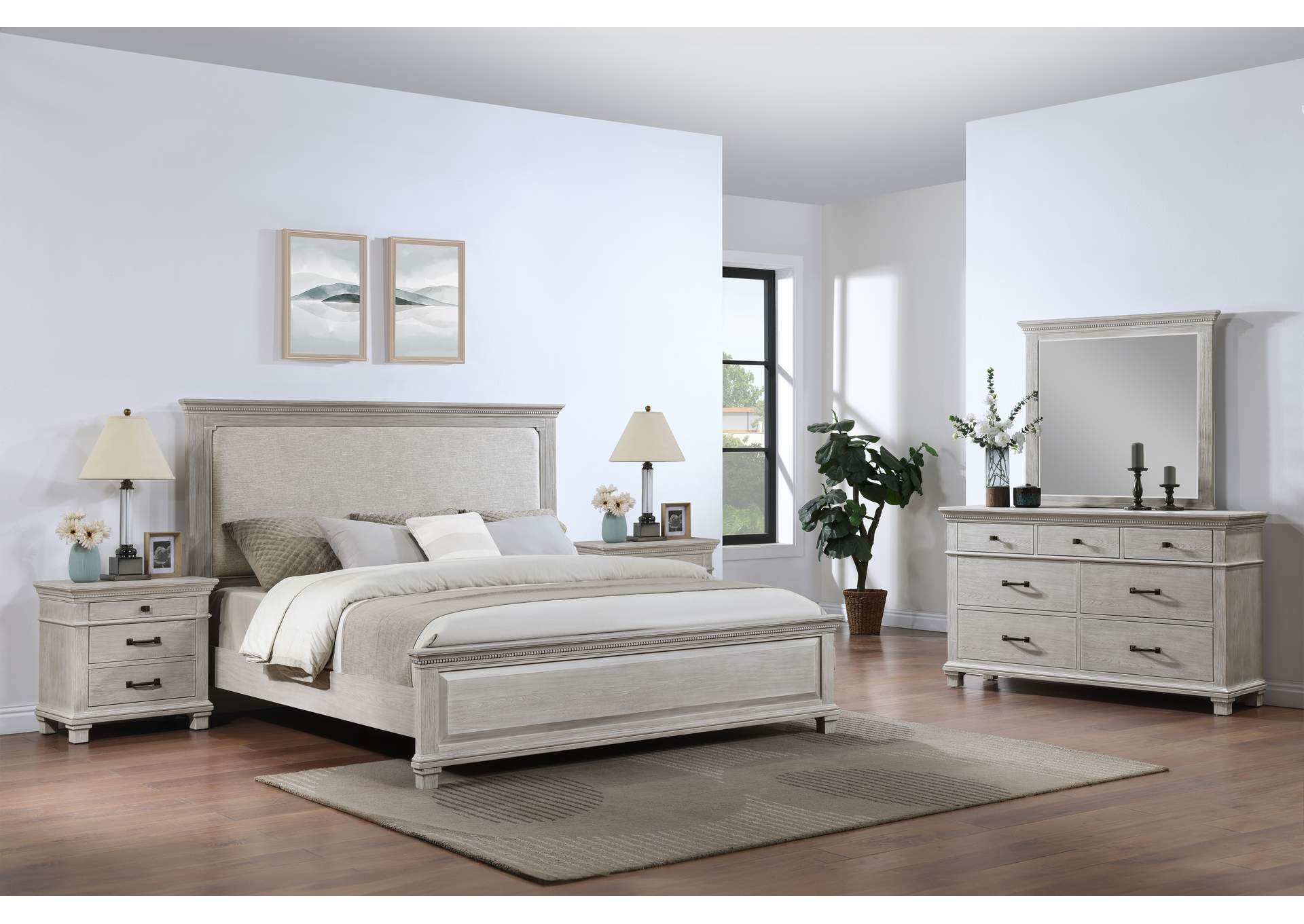 SILVER SANDS - KING 5 PIECE SET - BED, DRESSER, MIRROR, 2 NIGHTSTANDS image 1