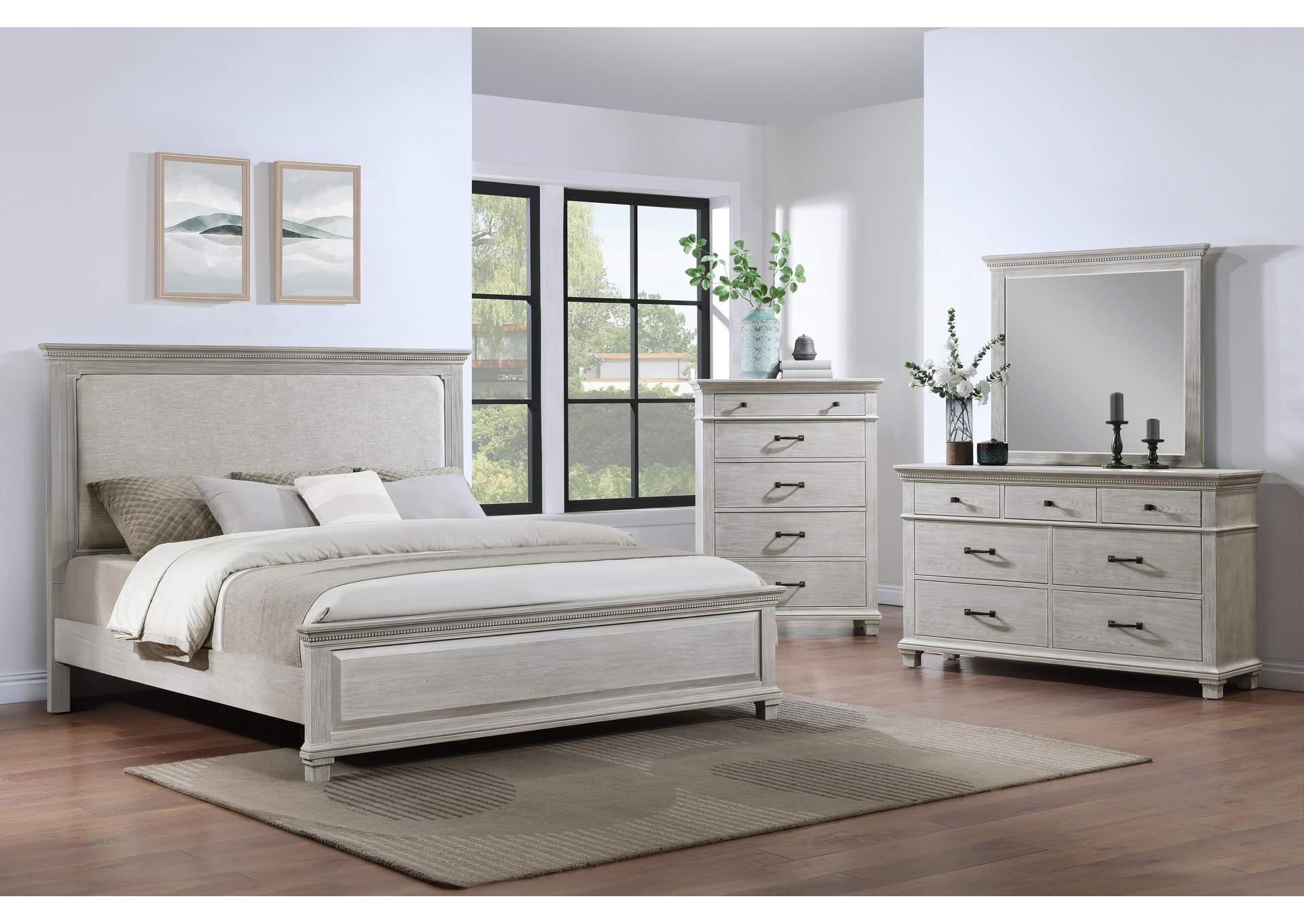 SILVER SANDS - QUEEN 4 PIECE SET - BED, DRESSER, MIRROR, CHEST image 1