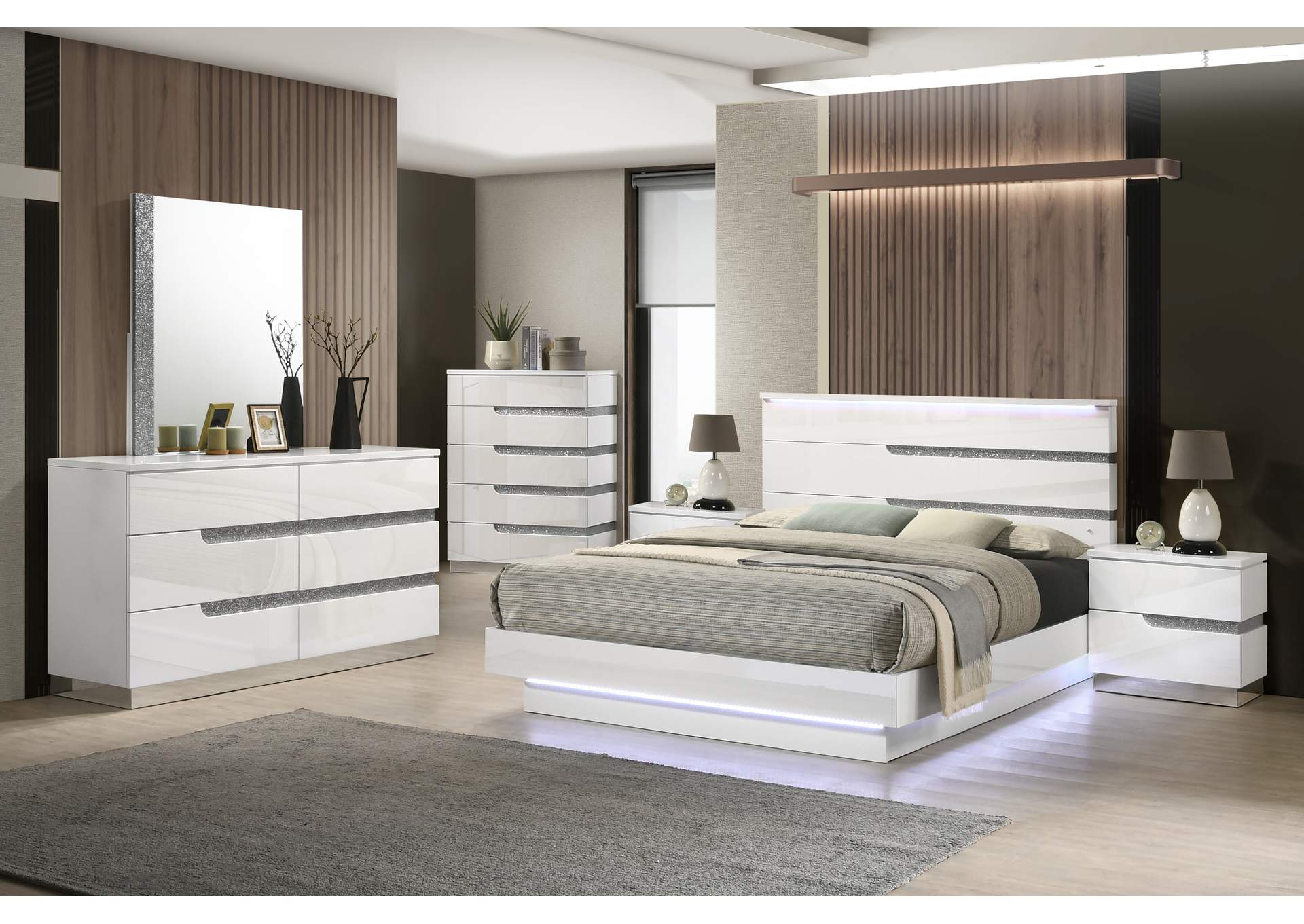 PARADOX - QUEEN 6 PIECE SET - BED, DRESSER, MIRROR, CHEST, 2 NIGHTSTANDS - WHITE