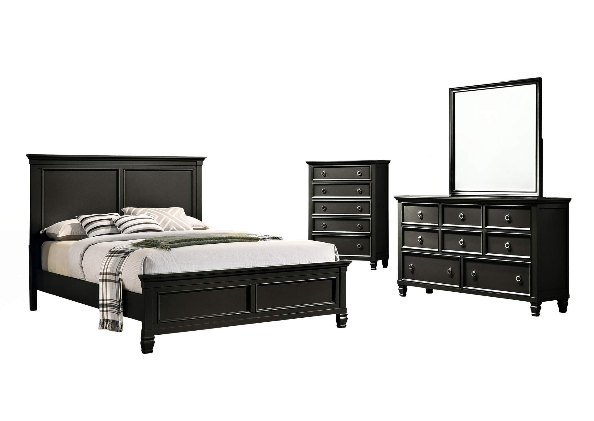 TAMARACK CALIFORNIA KING 4 PIECE - BED, DRESSER, MIRROR, CHEST - BLACK image 1