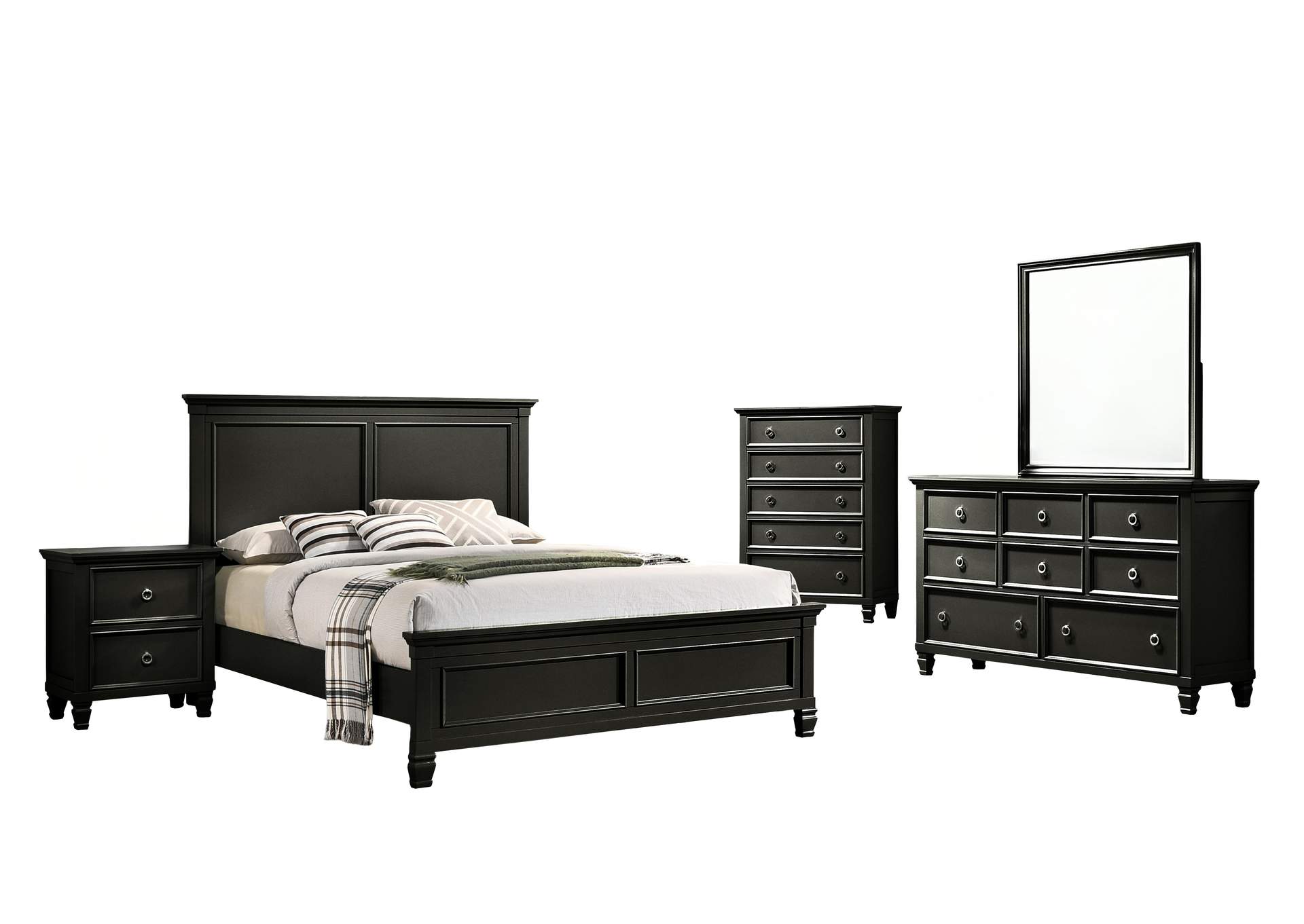 TAMARACK QUEEN 5 PIECE - BED, DRESSER, MIRROR, NIGHTSTAND, CHEST - BLACK image 1