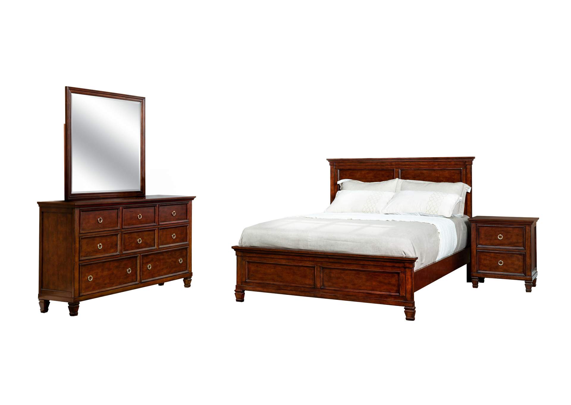 TAMARACK QUEEN 4 PIECE - BED, DRESSER, MIRROR, NIGHTSTAND - BROWN - CHERRY image 1