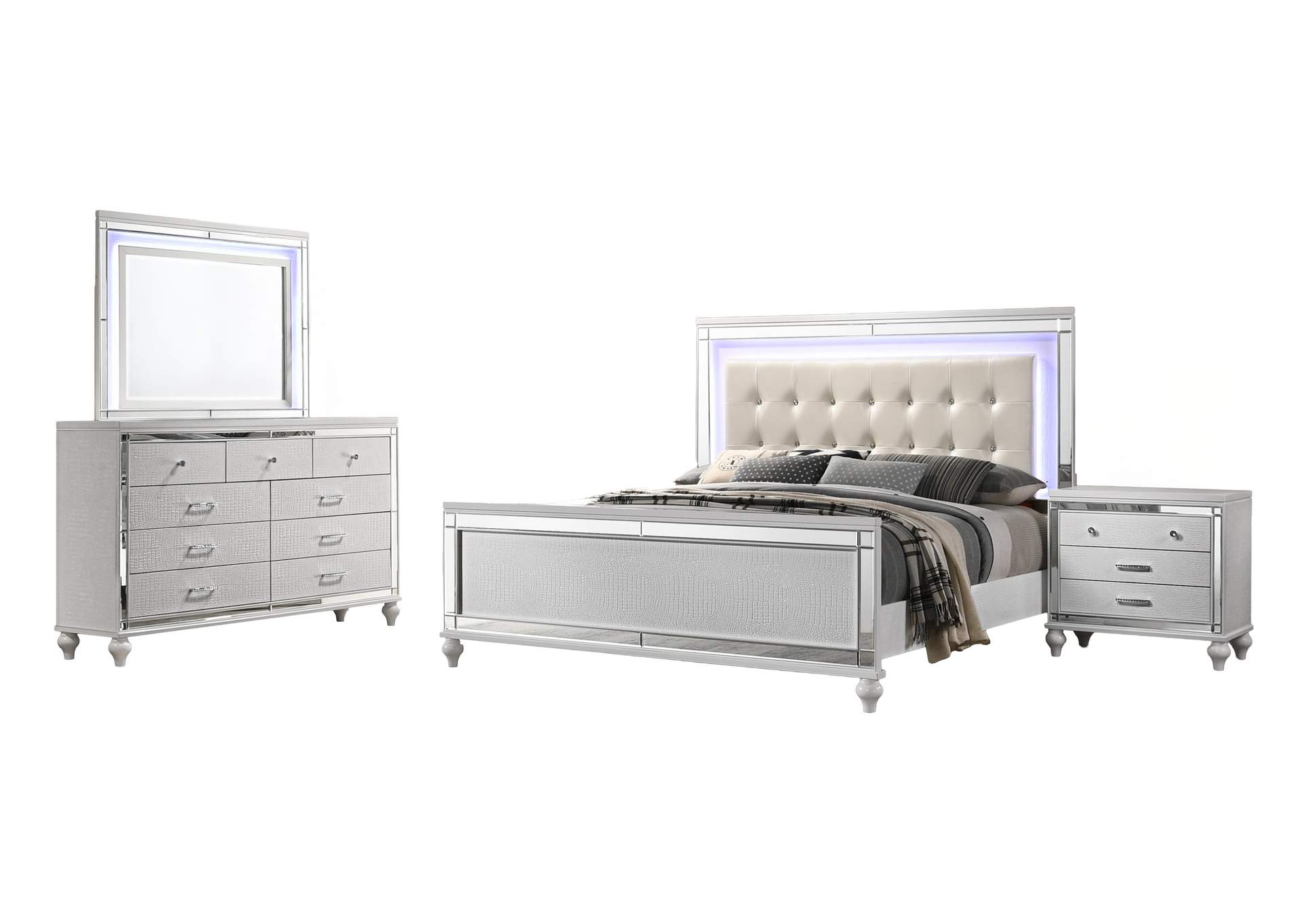 VALENTINO KING 4 PIECE - BED, DRESSER, MIRROR, NIGHTSTAND - WHITE image 1