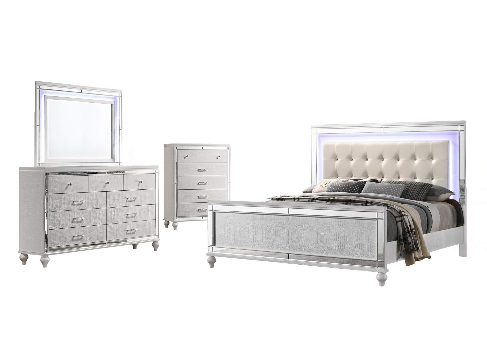 VALENTINO CALIFORNIA KING 4 PIECE - BED, DRESSER, MIRROR, CHEST - WHITE image 1