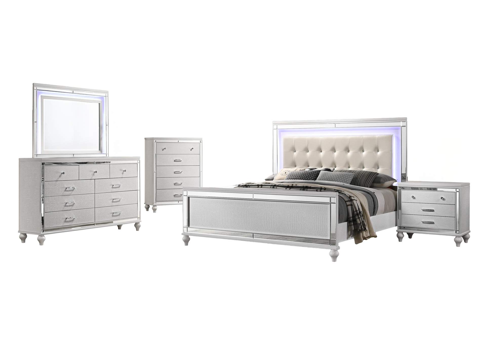 VALENTINO QUEEN 5 PIECE - BED, DRESSER, MIRROR, NIGHTSTAND, CHEST - WHITE image 1