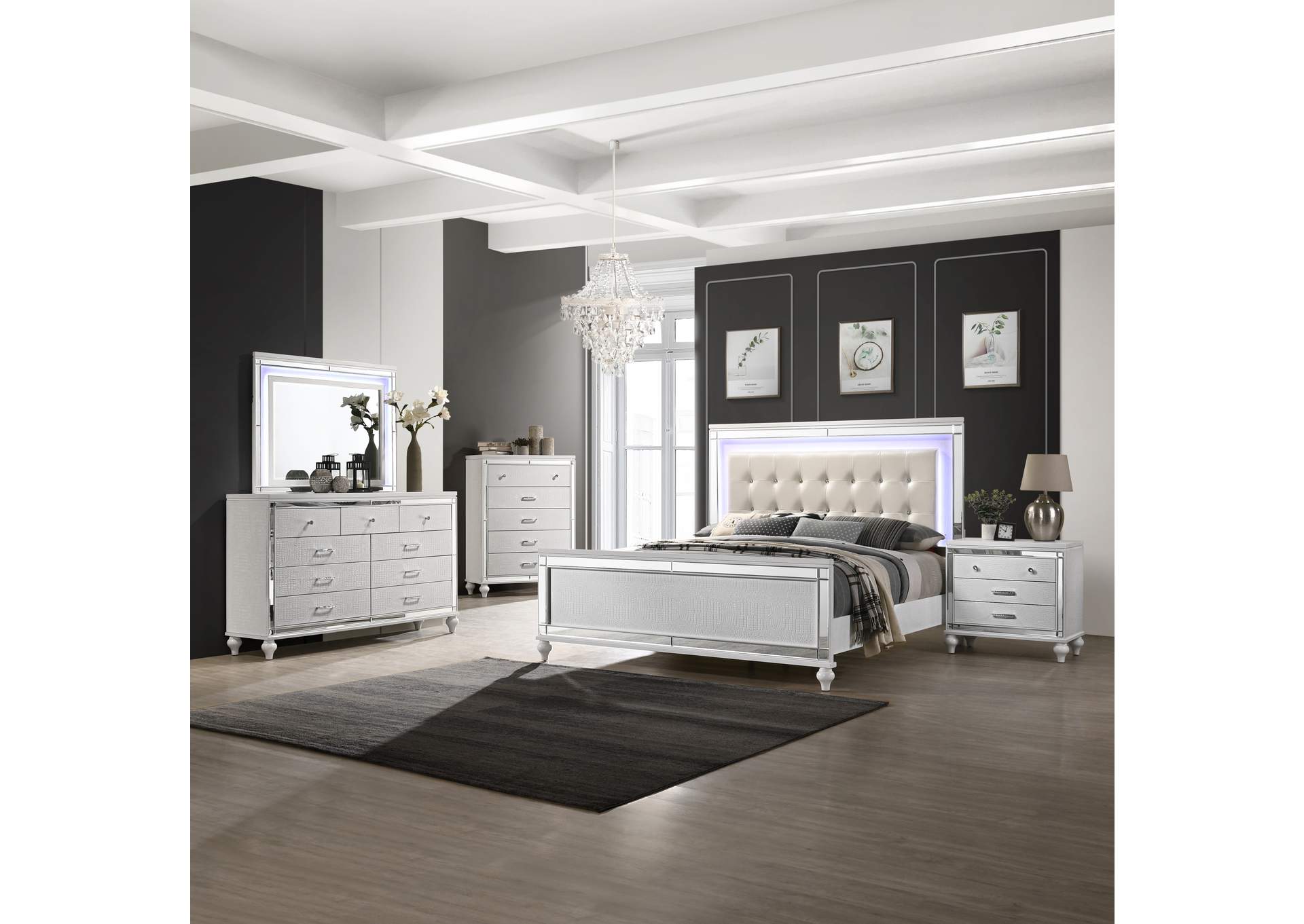 Valentino King Bed 5pc Bed,Dresser,Mirror,Nightstand,Chest White image 6
