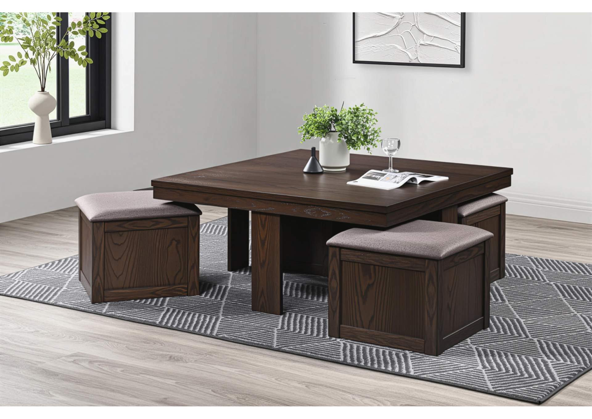 PAXTON 5 PIECE STORAGE COFFEE TABLE WITH 4 TUCK - IN OTTOMANS - DARK BRO image 10