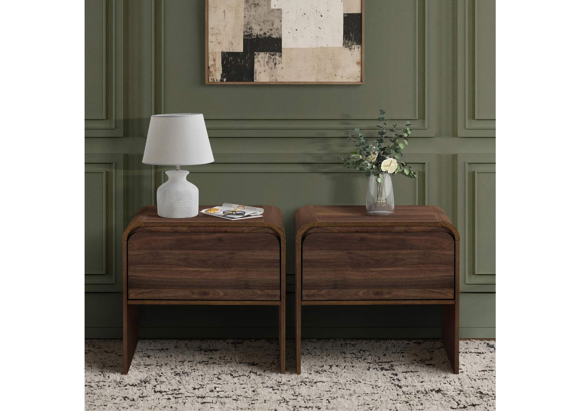 MARA - 2 PIECE SET ONE DRAWER END TABLE - BEDSIDE TABLE - WALNUT image 1