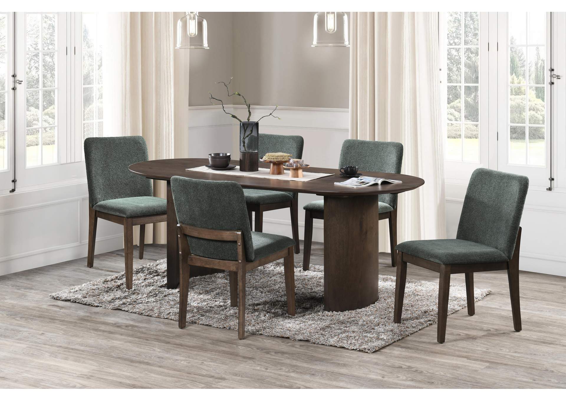 KODY 79" OVAL FIXED - TOP DINING TABLE WITH 4 FOREST GREEN CHAIR image 1