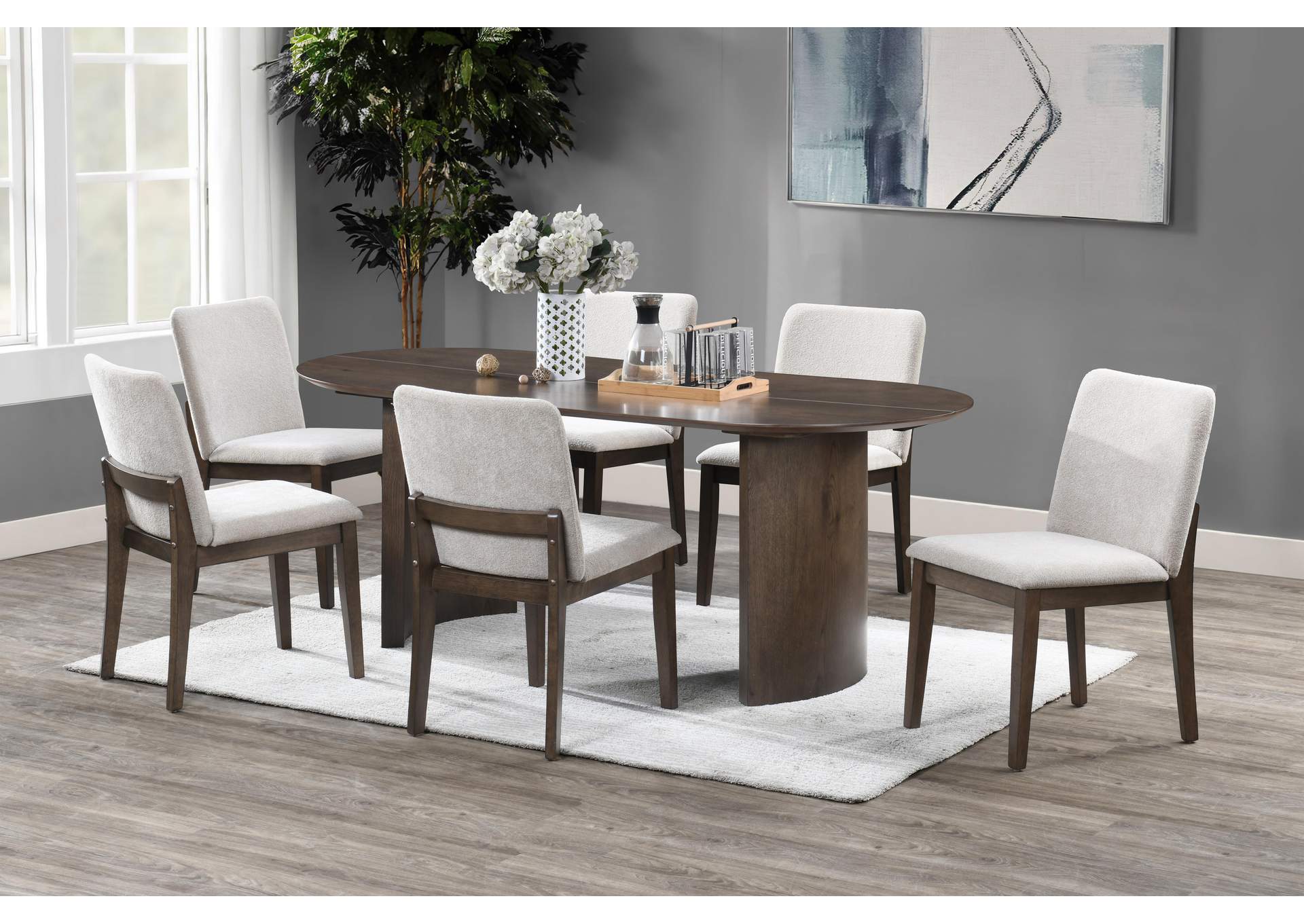 KODY 79" OVAL FIXED - TOP DINING TABLE WITH 6 CREAM CHAIRS image 1