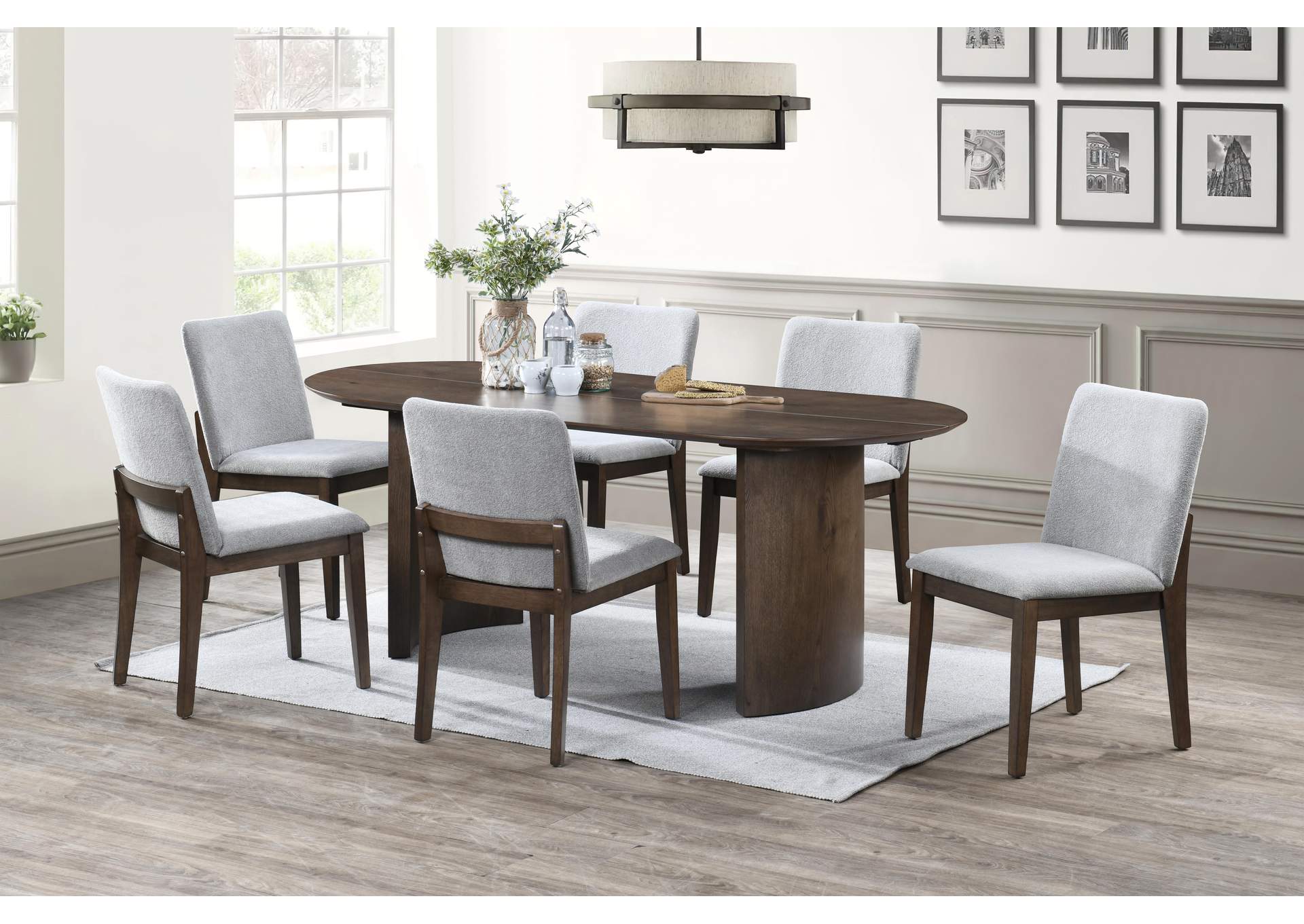 KODY 79" OVAL FIXED - TOP DINING TABLE WITH 6 STONE CHAIRS - GRAY image 1