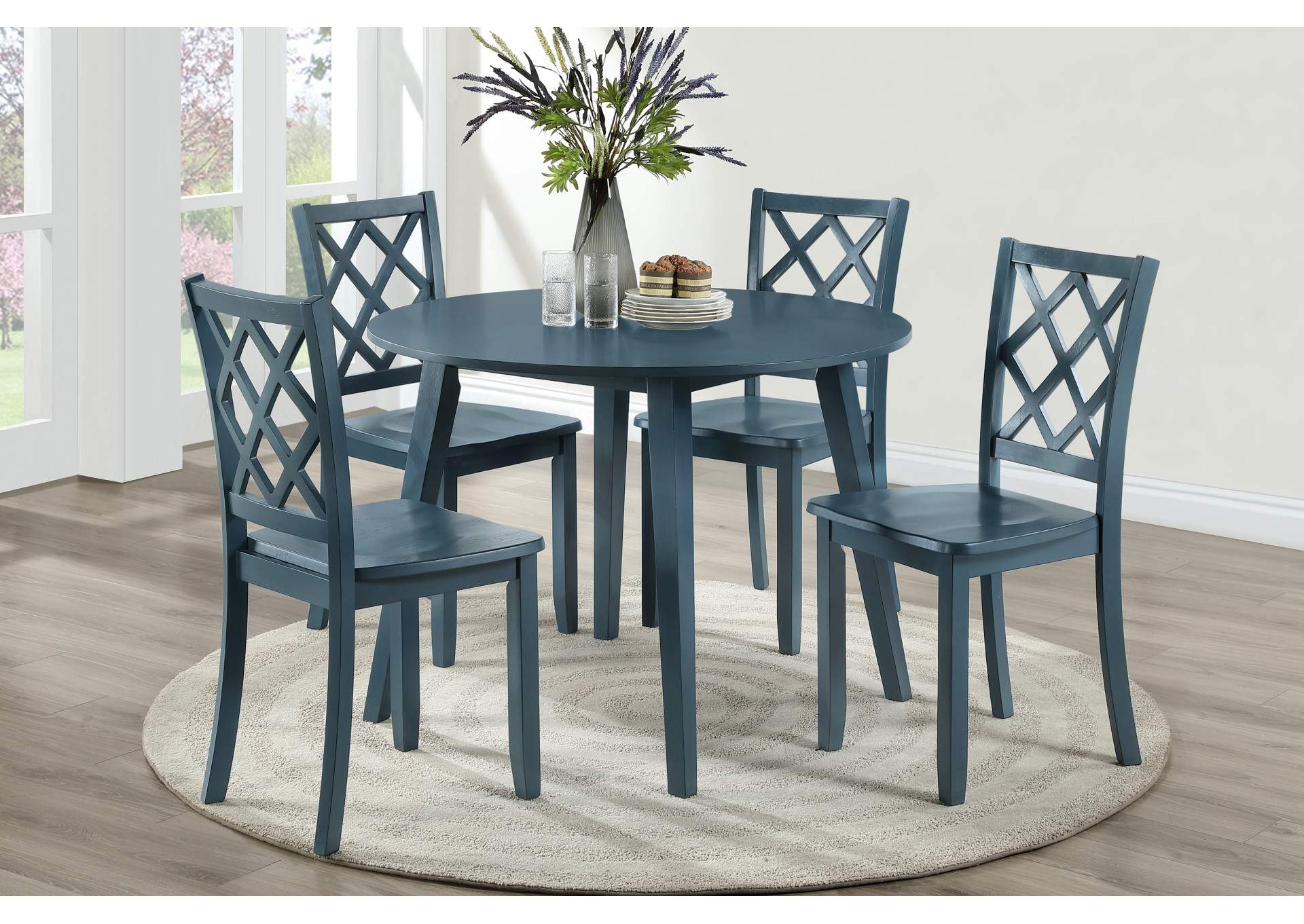 Trellis 5 Piece Round Dining Set, Table And 4 Chairs - Blue