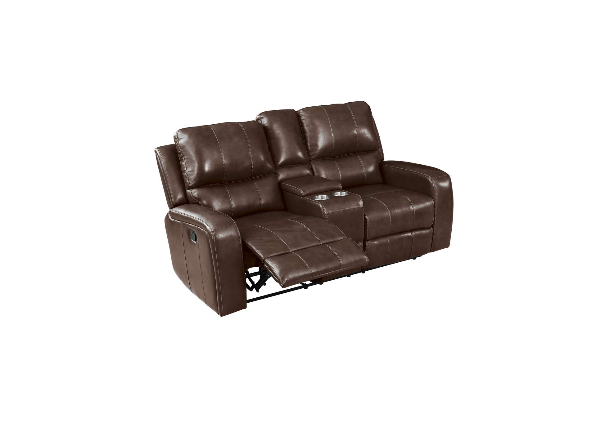 Linton Leather Console Loveseat With Dual Recliners - Brown