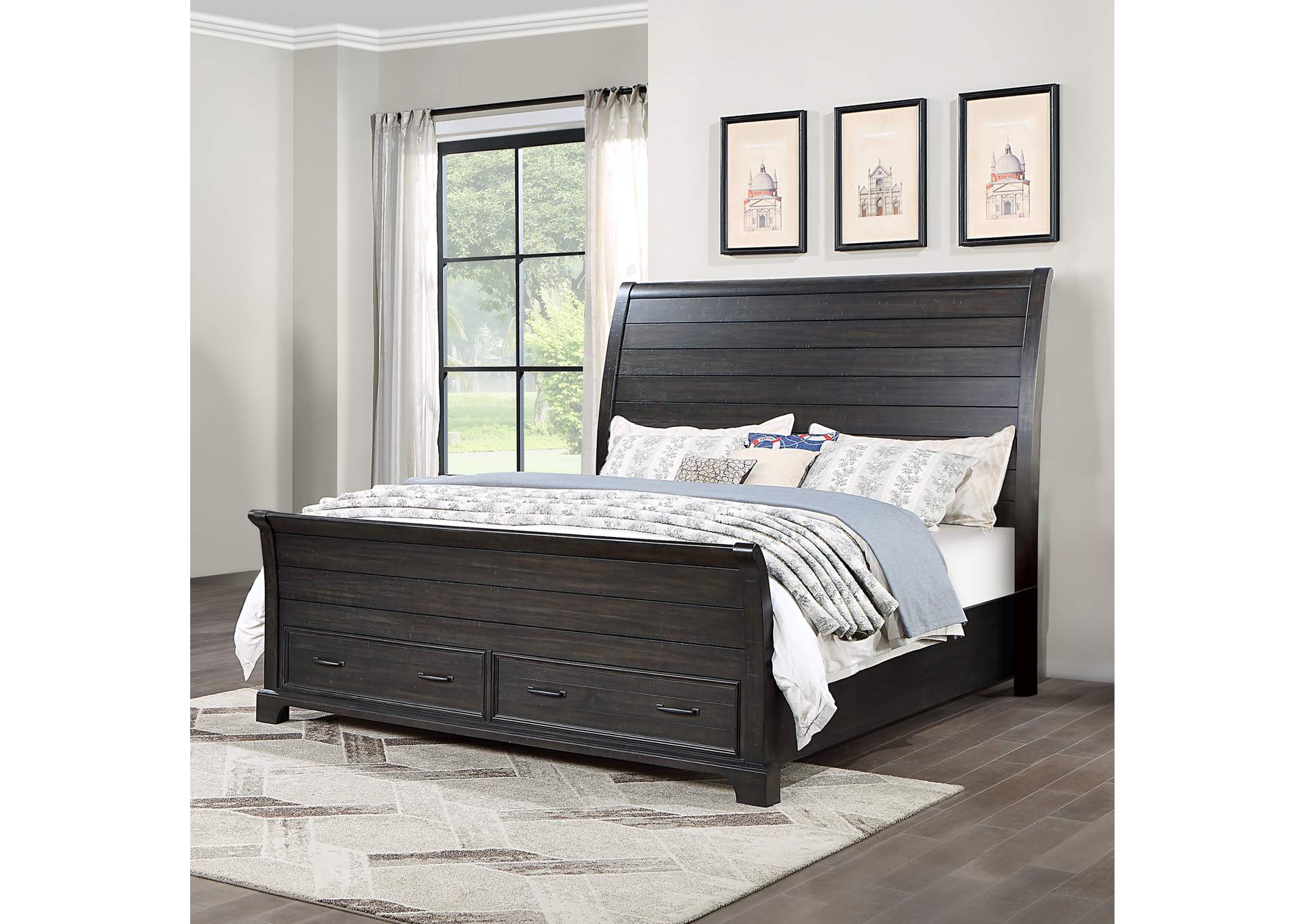 Stafford County Queen 4 Piece - Storage Bed, Dresser, Mirror, Nightstand - Walnut