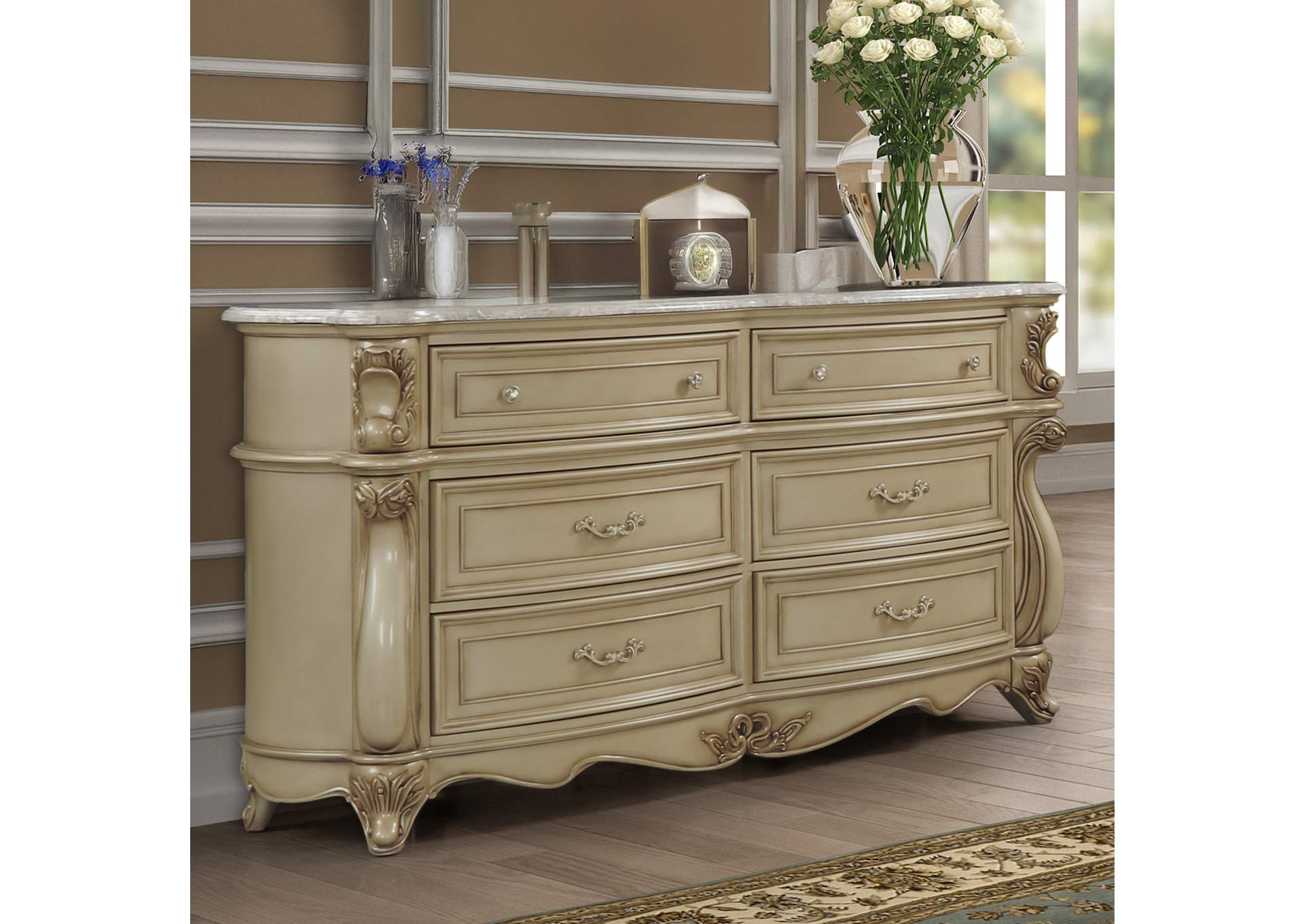 MONIQUE DRESSER WITH MARBLE TOP - CHAMPAGNE
