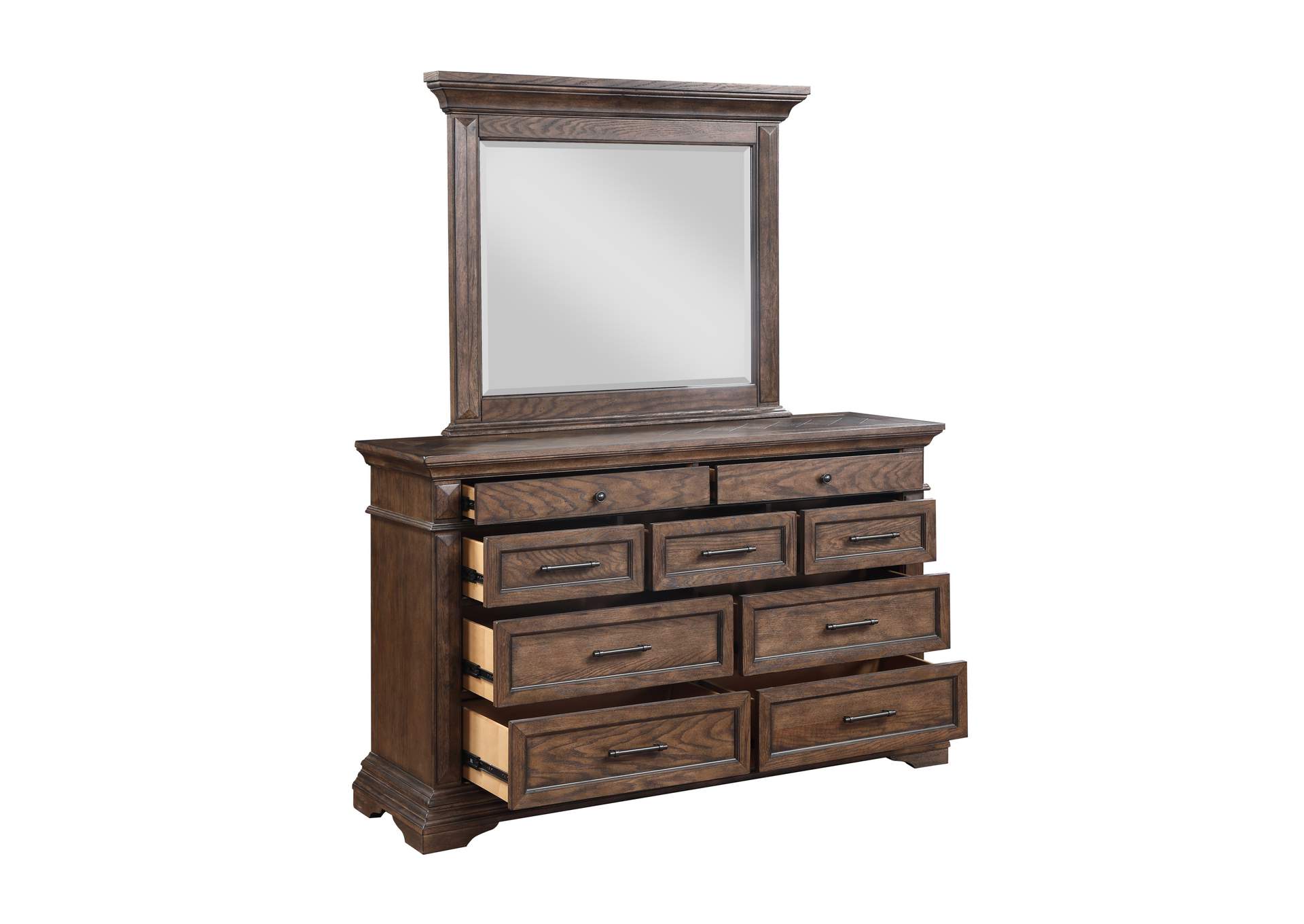 MAR VISTA CALIFORNIA KING 4 PIECE - BED, DRESSER, MIRROR, NIGHTSTAND - WALNUT