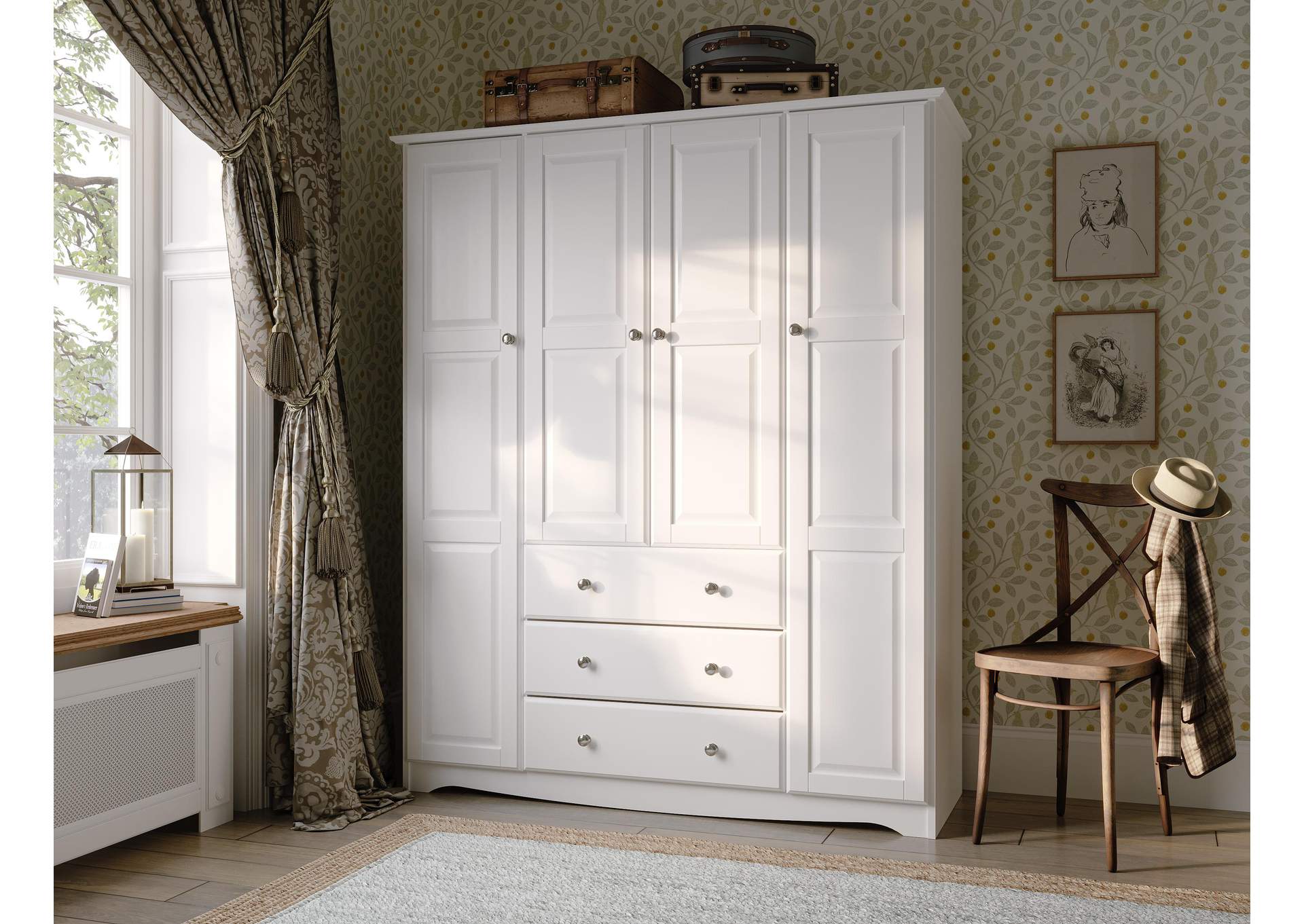 100% Solid Wood 4-Door Wardrobe Armoire with Metal Knobs – Family Collection image 3