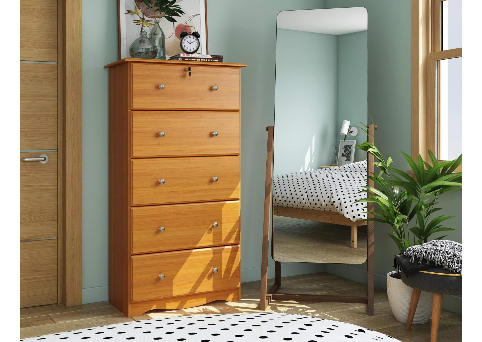 100% Solid Wood 5-Jumbo Drawer Chest with Lock & Metal Knobs image 1