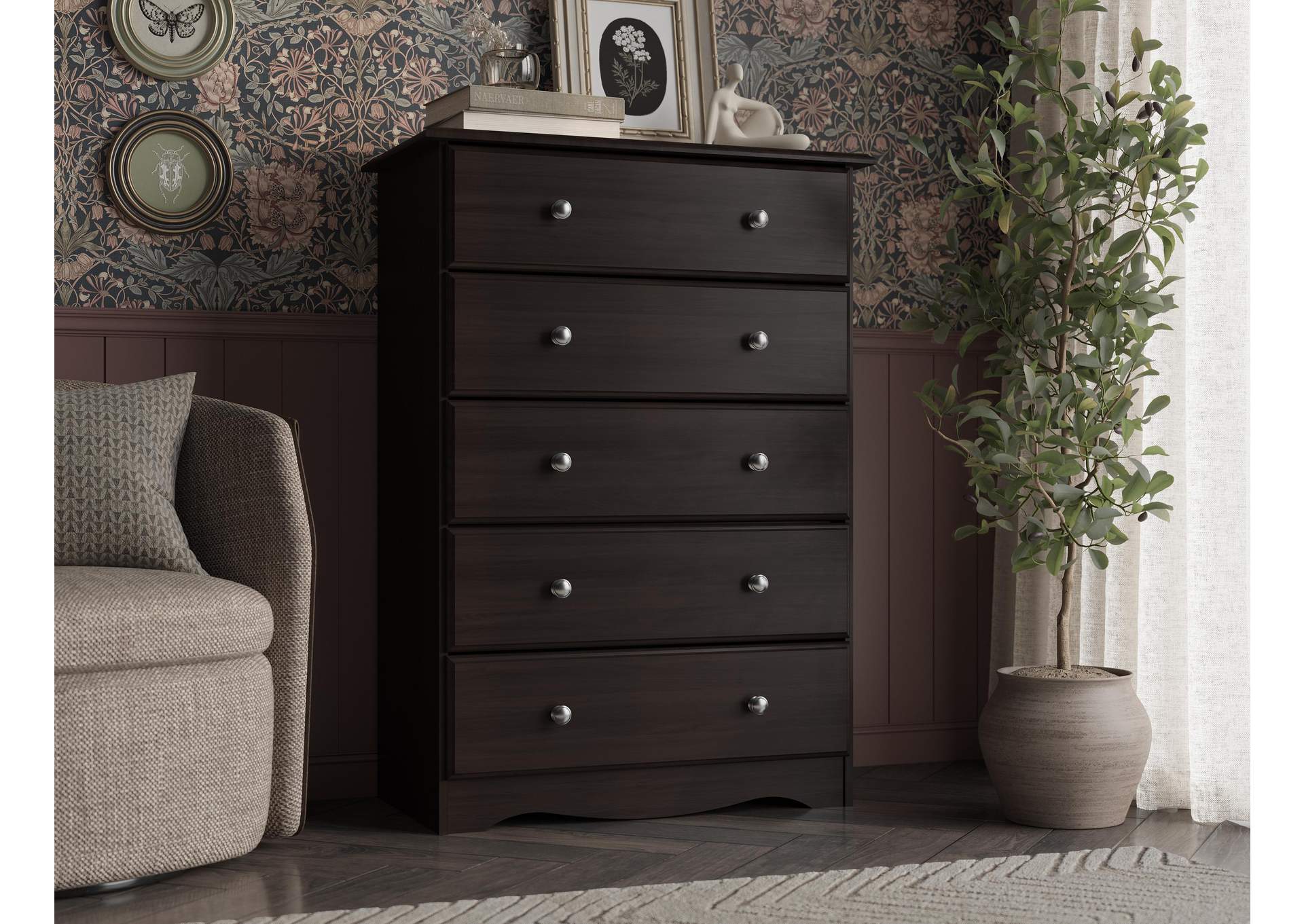 100% Solid Wood 5-Drawer Chest with Metal Knobs image 1