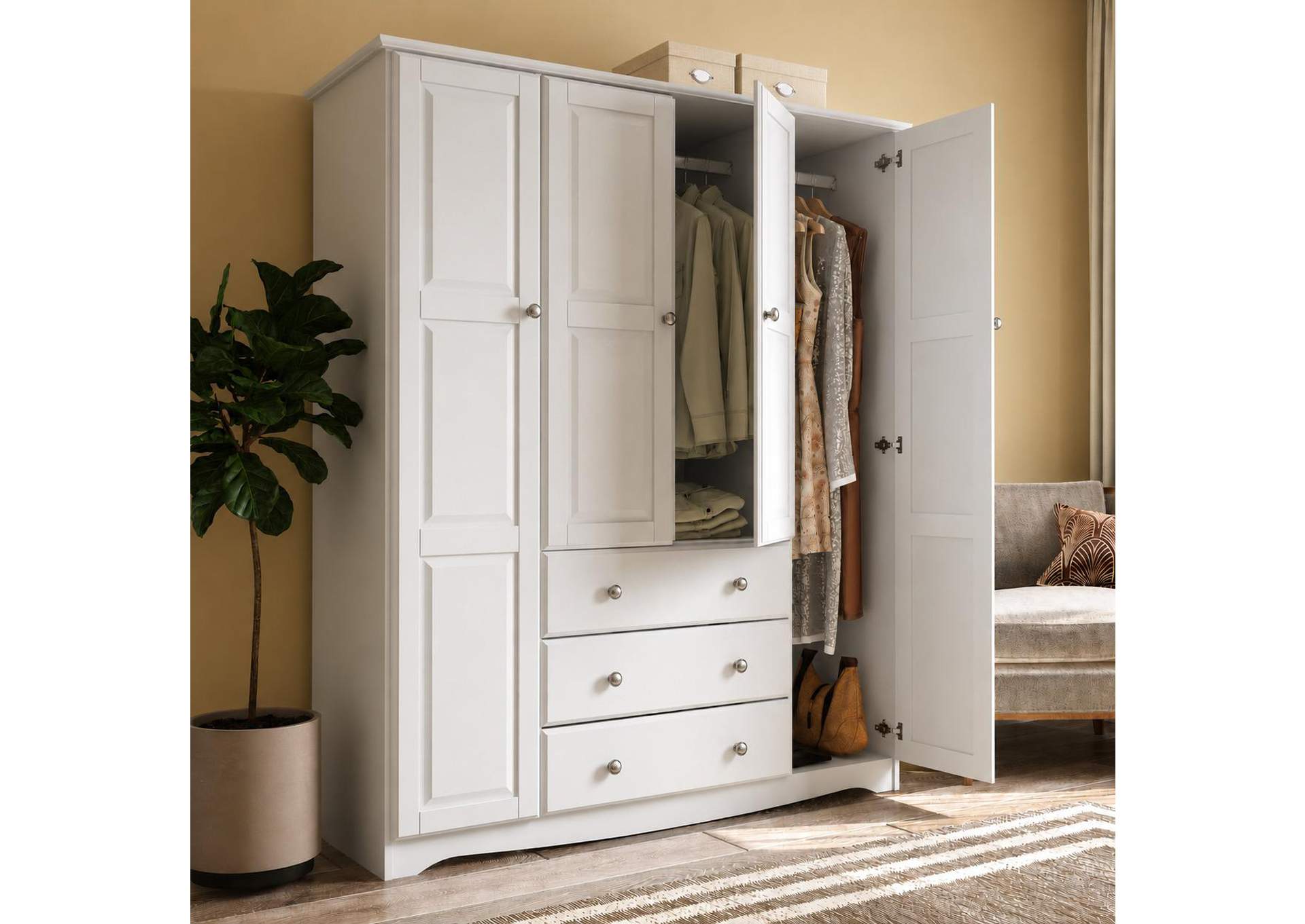 100% Solid Wood 4-Door Wardrobe Armoire with Metal Knobs – Family Collection image 4