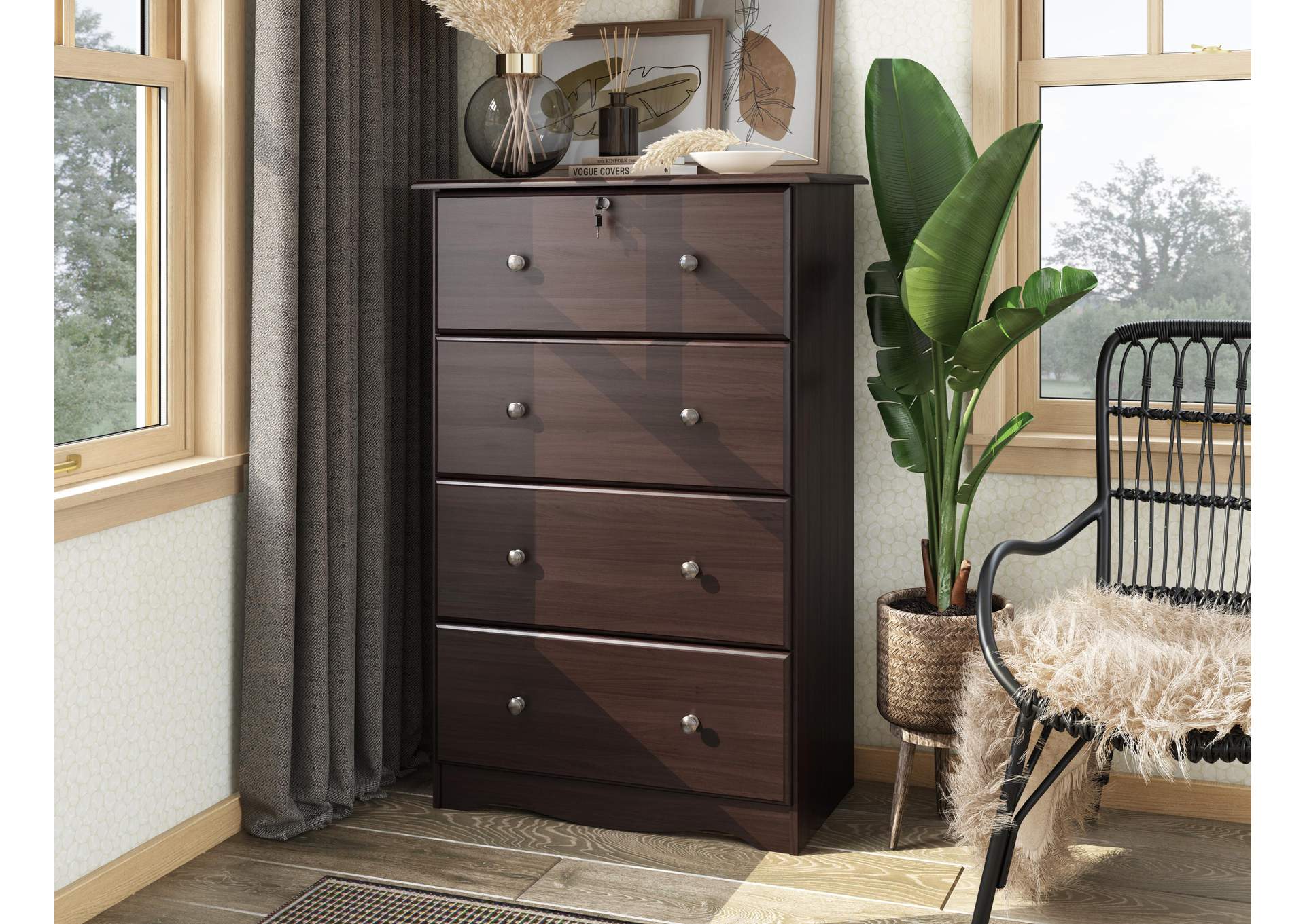 100% Solid Wood 4-Jumbo Drawer Chest with Lock & Metal Knobs image 1