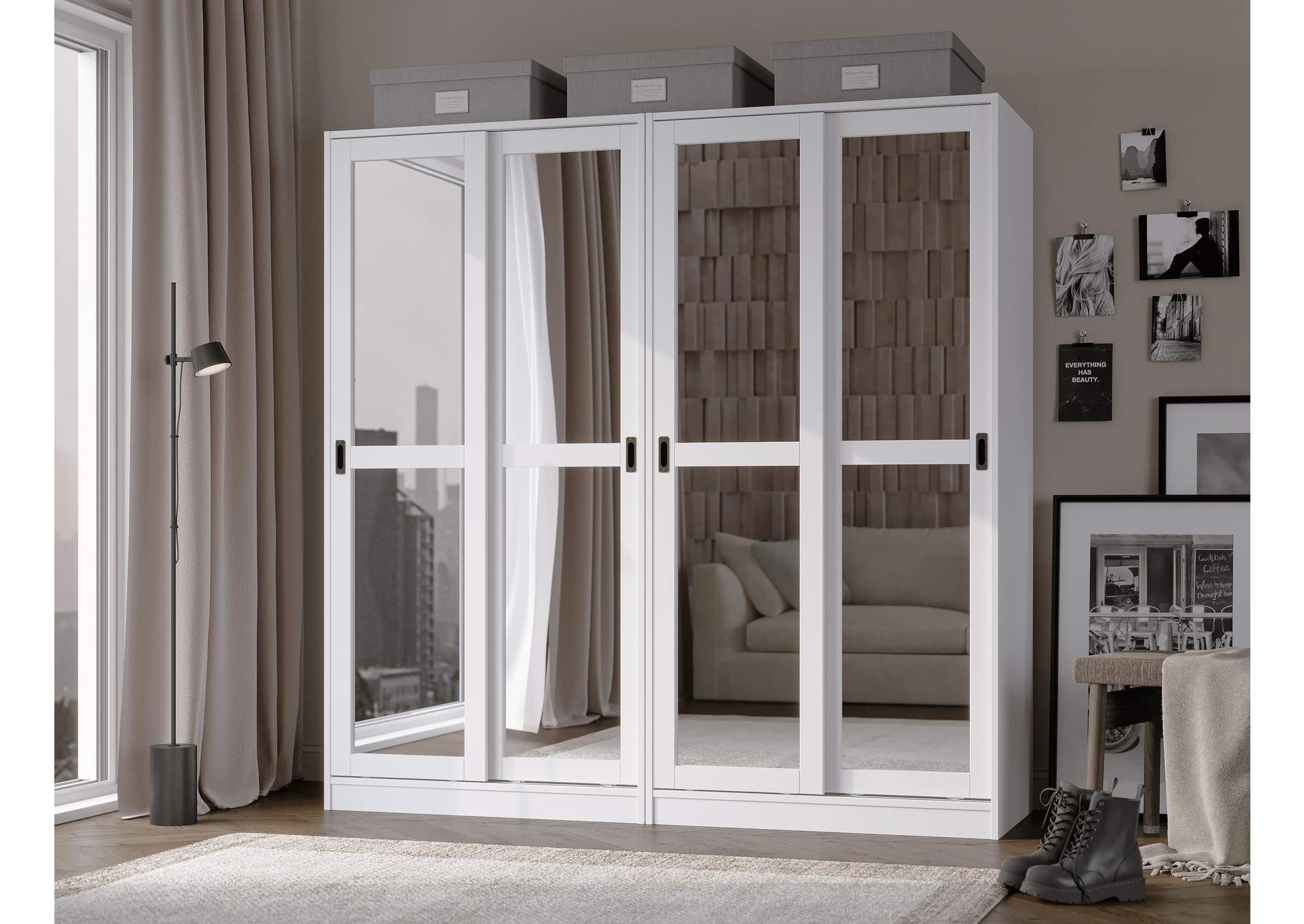 100% Solid Wood 4-Sliding Wardrobe with Mirrored Doors image 3