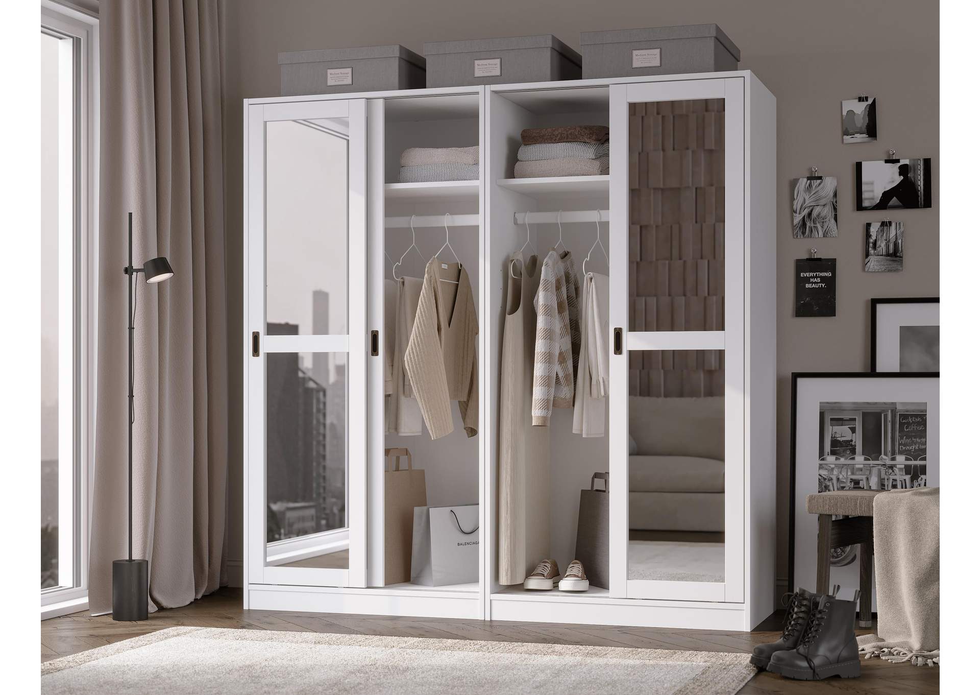 100% Solid Wood 4-Sliding Wardrobe with Mirrored Doors image 4