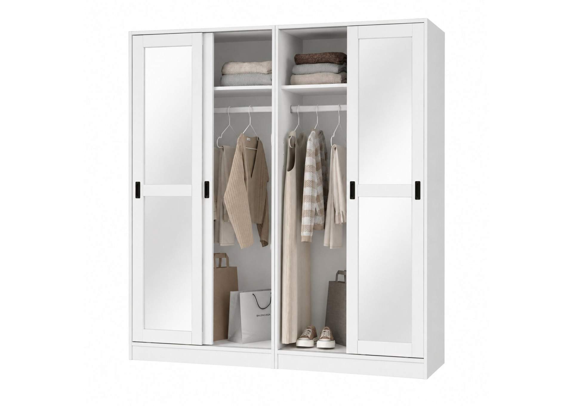 100% Solid Wood 4-Sliding Wardrobe with Mirrored Doors image 5