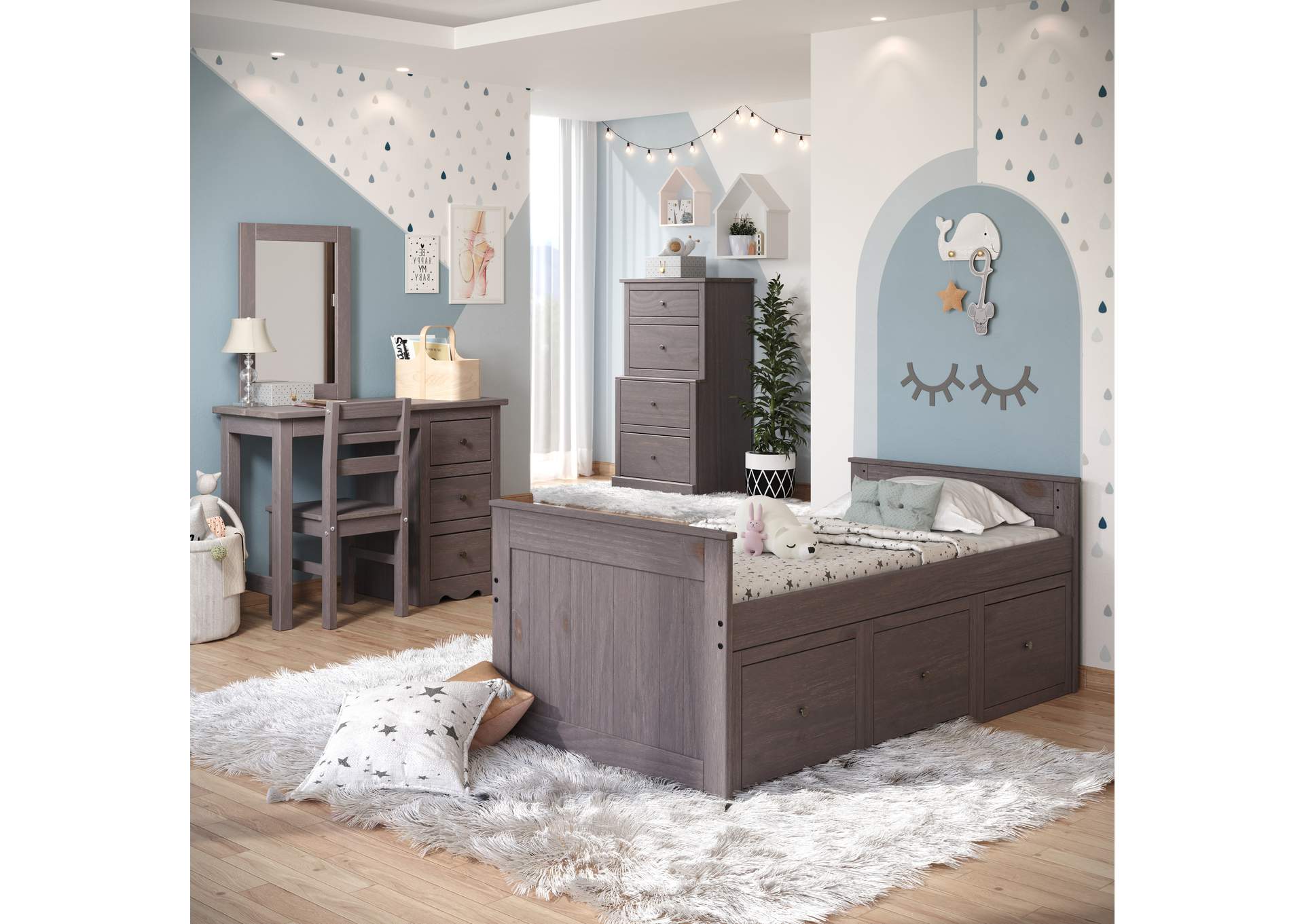Walnut 91X Twin Captain Bed with Under Bed Drawer Unit image 1