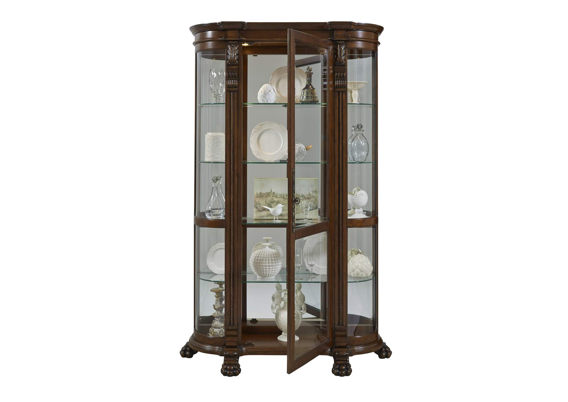 Lighted Curved Front 4 Shelf Curio Cabinet in Maple Brown image 4