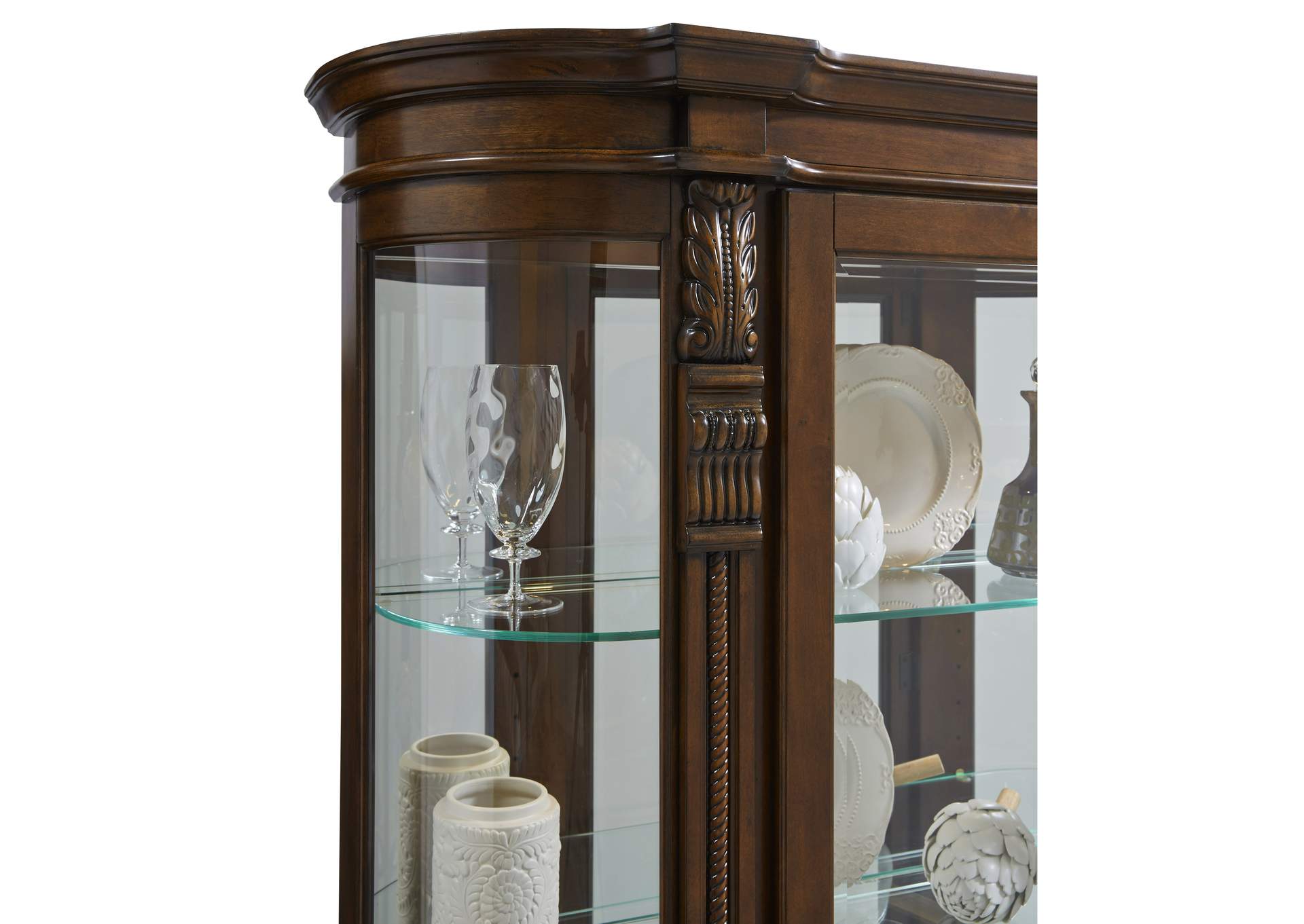 Lighted Curved Front 4 Shelf Curio Cabinet in Maple Brown image 5