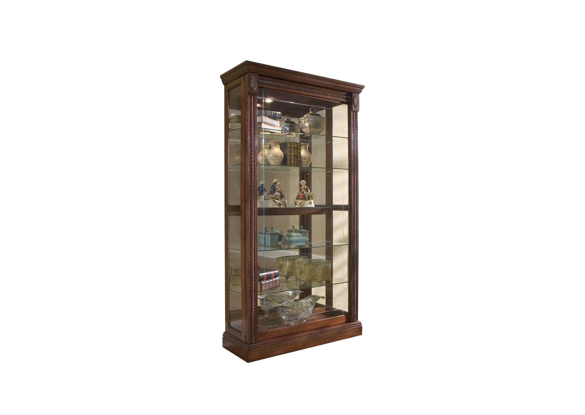 Lighted Sliding Door 5 Shelf Curio Cabinet in Cherry Brown image 1