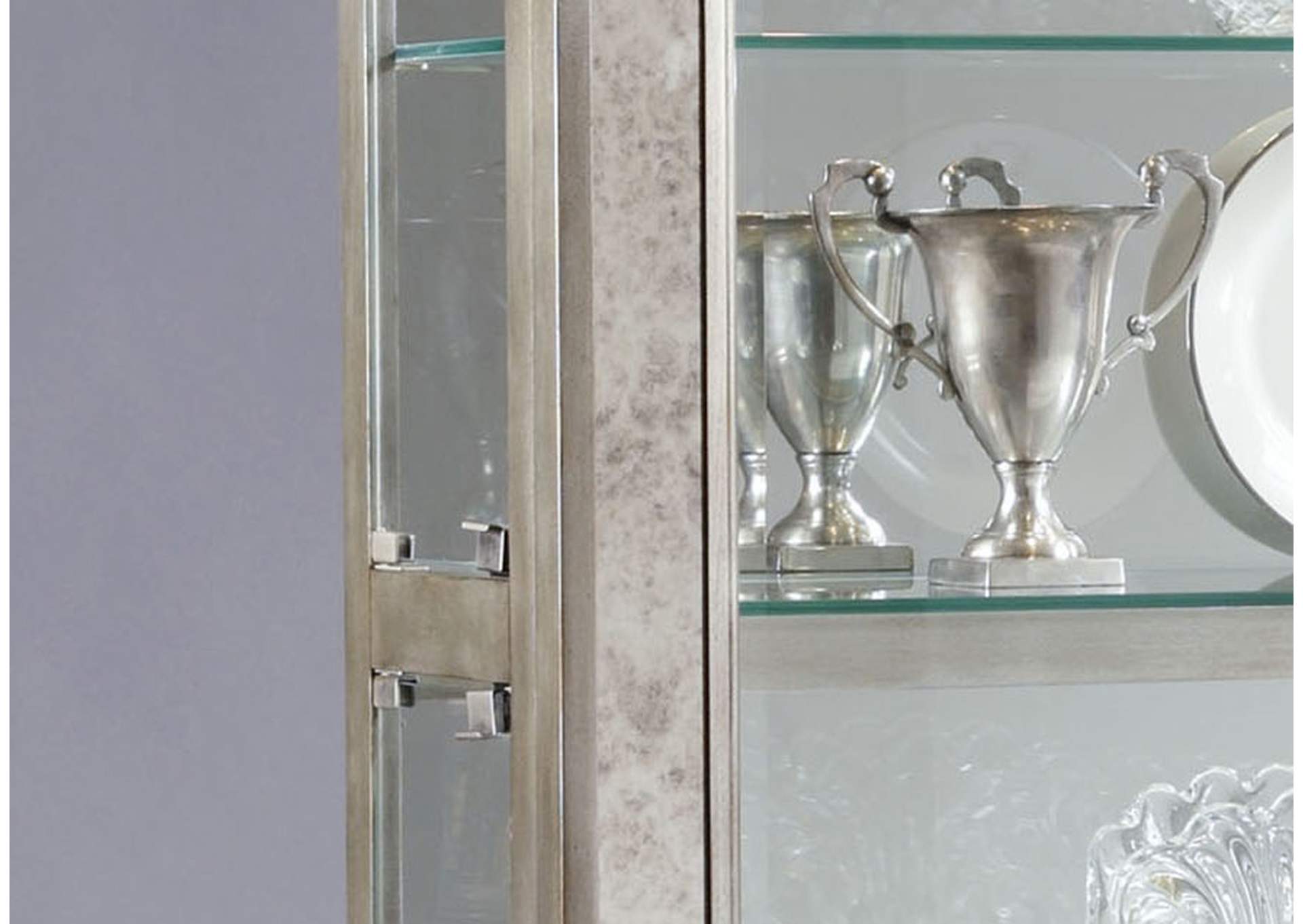 Antique Style 5 Shelf Mirrored Curio Cabinet in Aged Silver image 7
