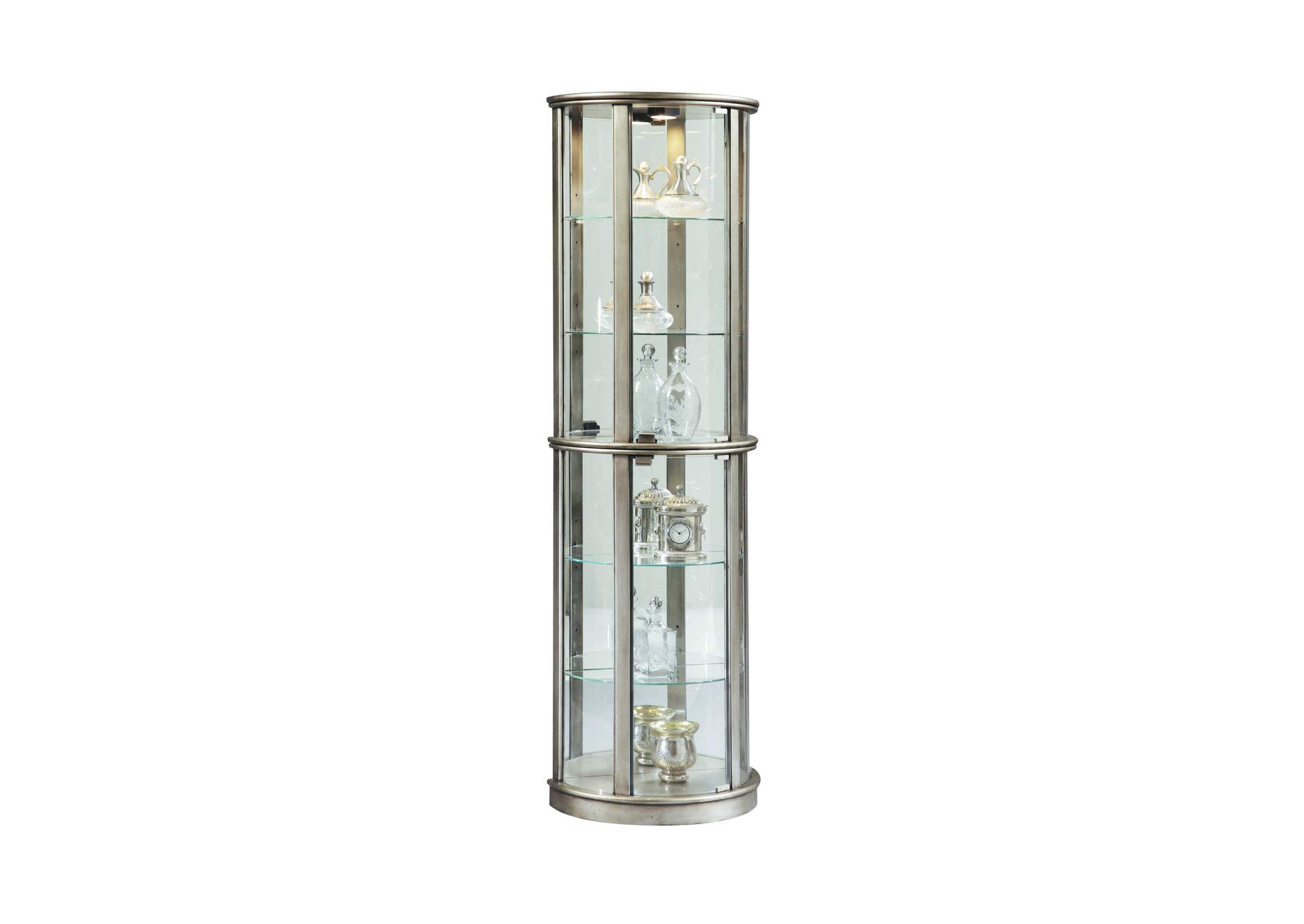 Lighted Half Round 5 Shelf Curio Cabinet in Aged Silver image 1