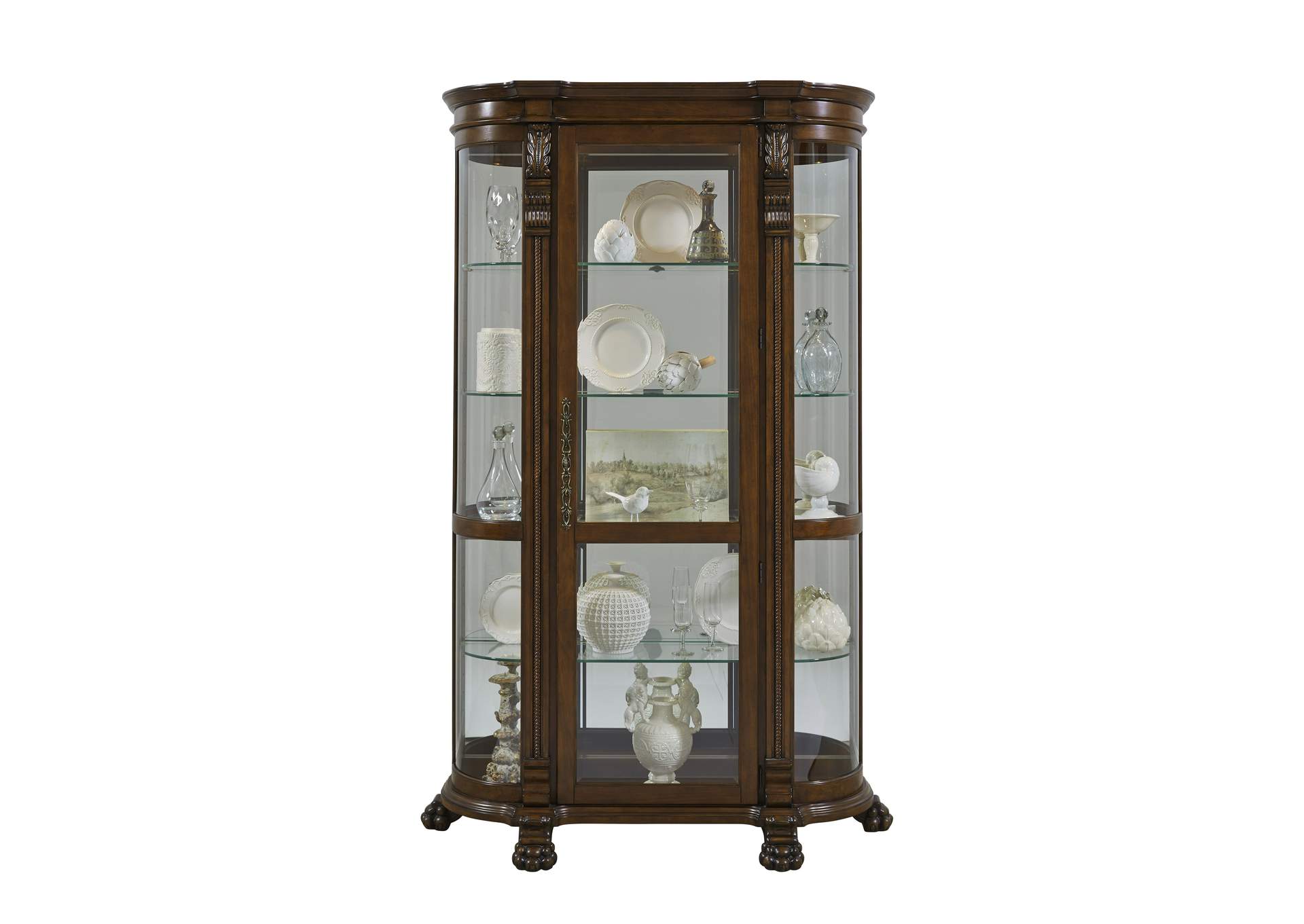 Lighted Curved Front 4 Shelf Curio Cabinet in Maple Brown image 1
