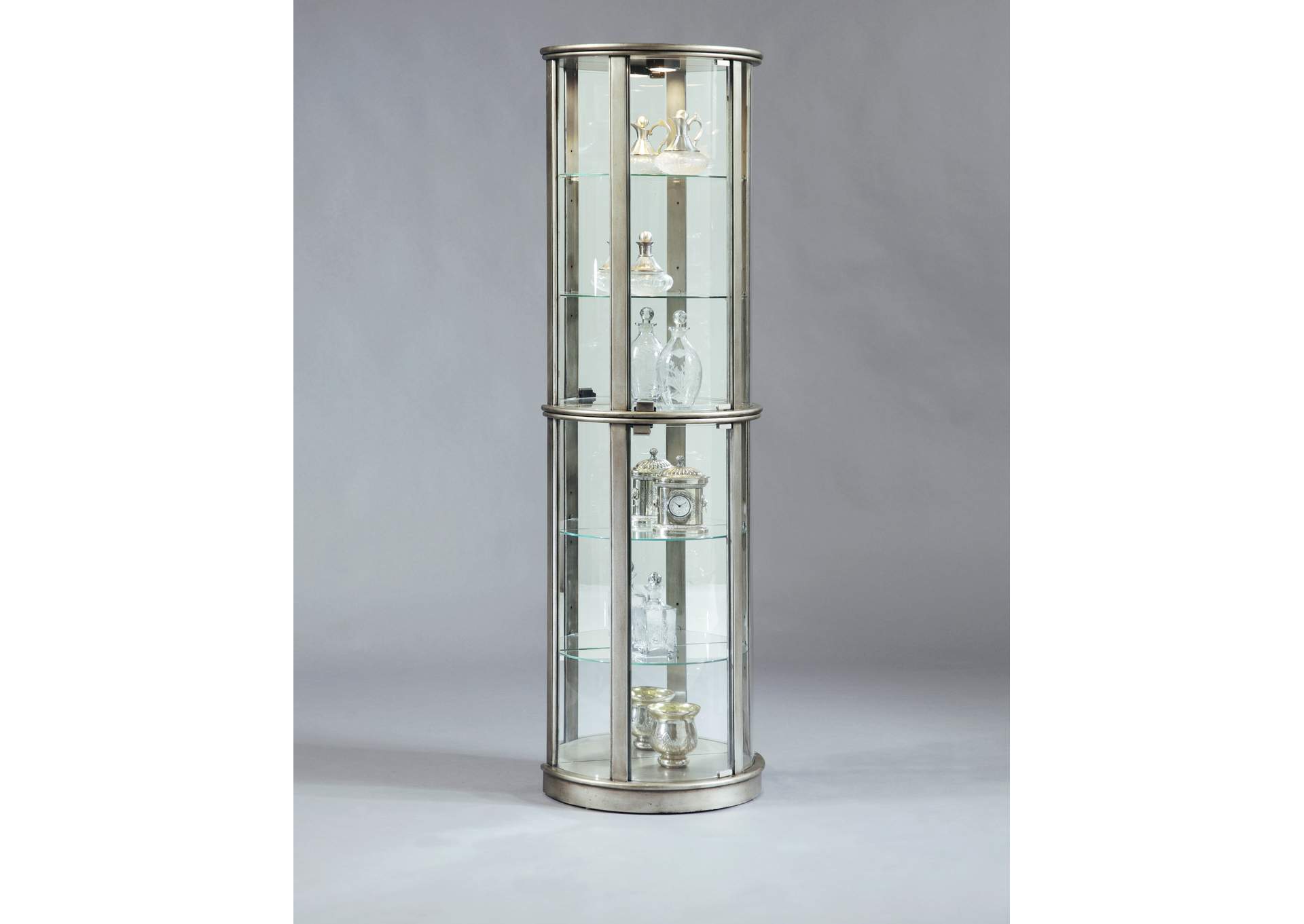 Lighted Half Round 5 Shelf Curio Cabinet in Aged Silver image 6