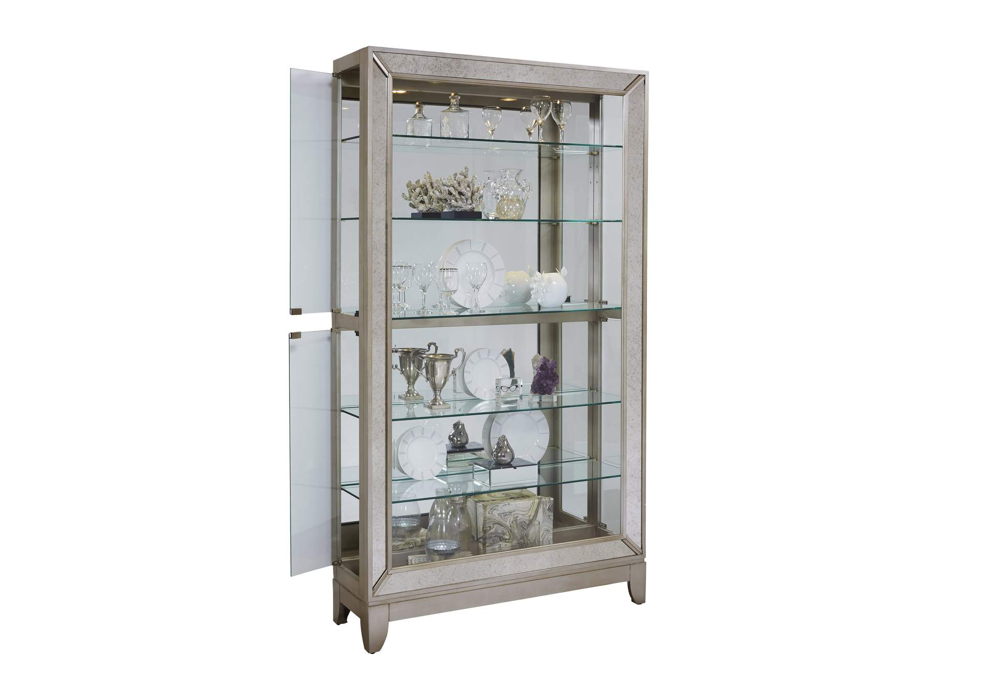 Antique Style 5 Shelf Mirrored Curio Cabinet in Aged Silver image 5