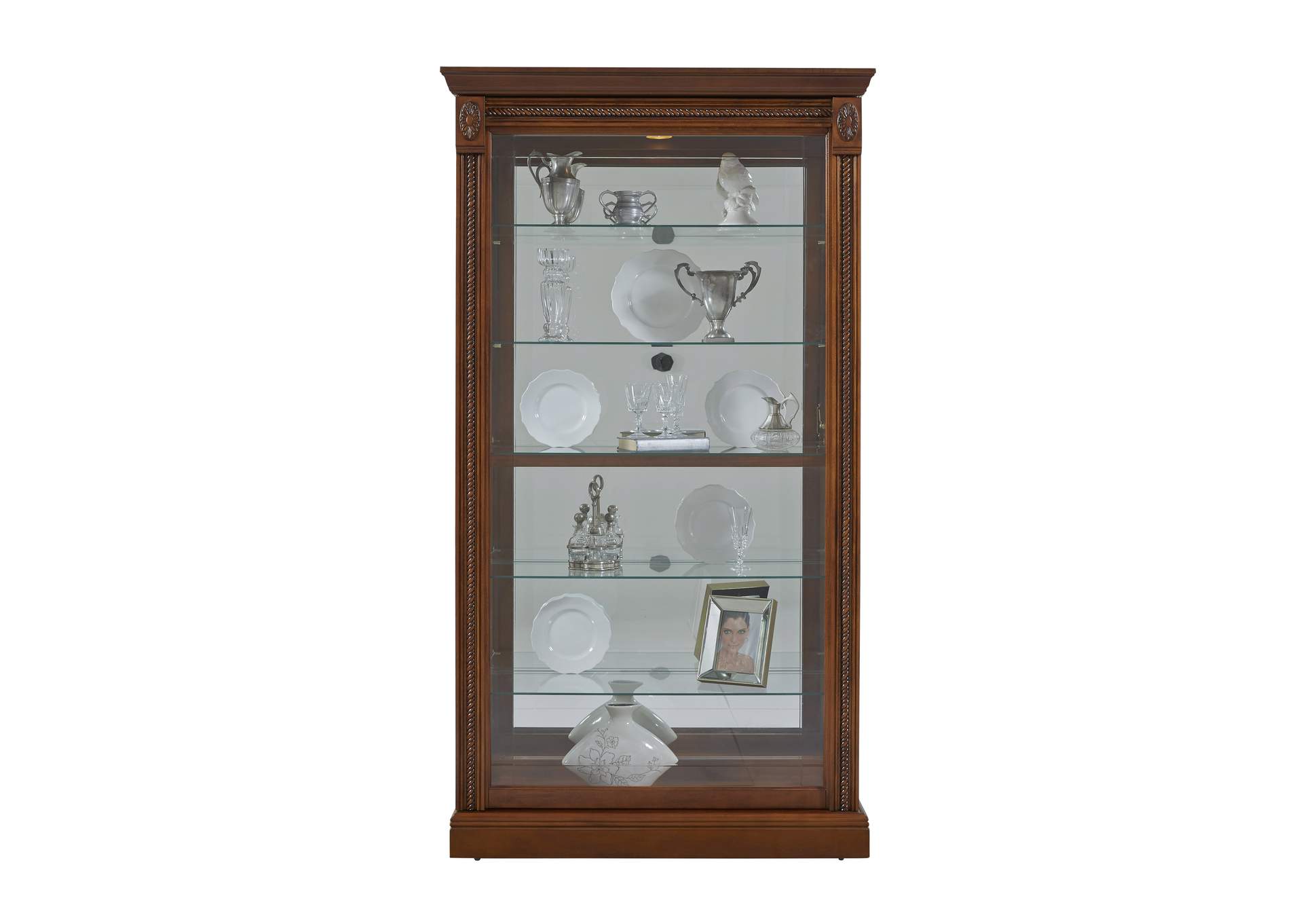 Lighted Sliding Door 5 Shelf Curio Cabinet in Cherry Brown image 3