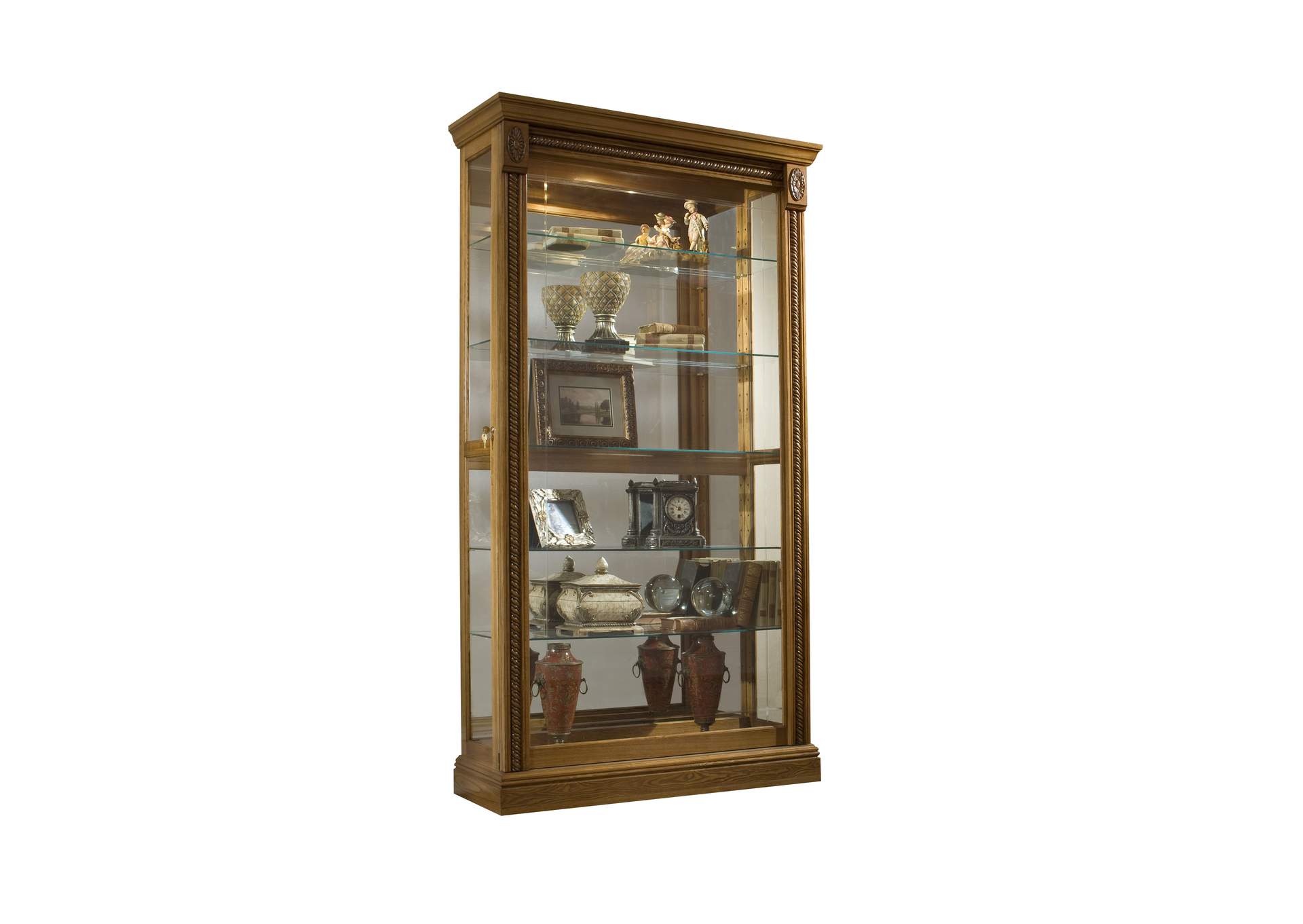 Lighted Sliding Door 5 Shelf Curio Cabinet in Maple Brown image 1