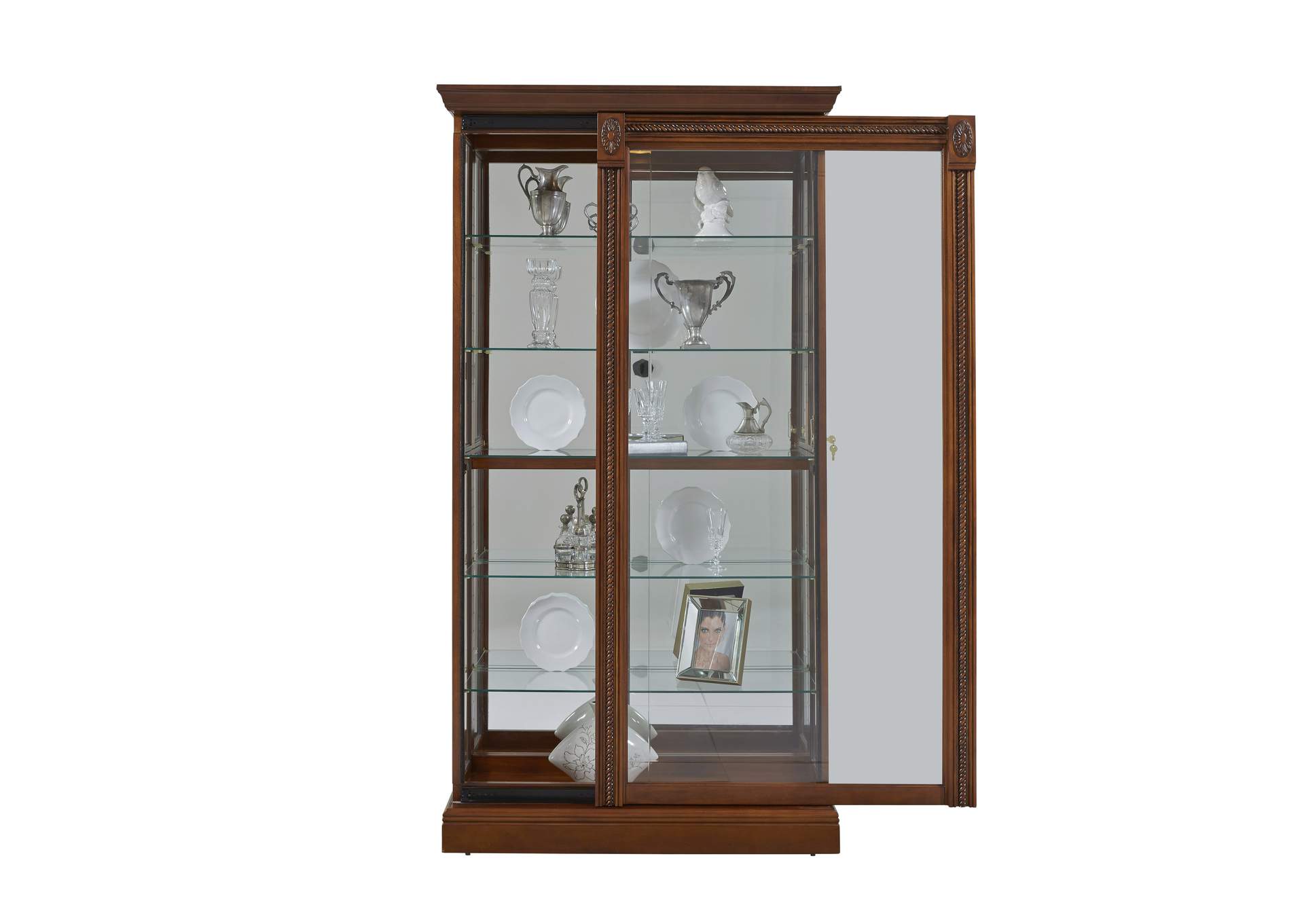 Lighted Sliding Door 5 Shelf Curio Cabinet in Cherry Brown image 4