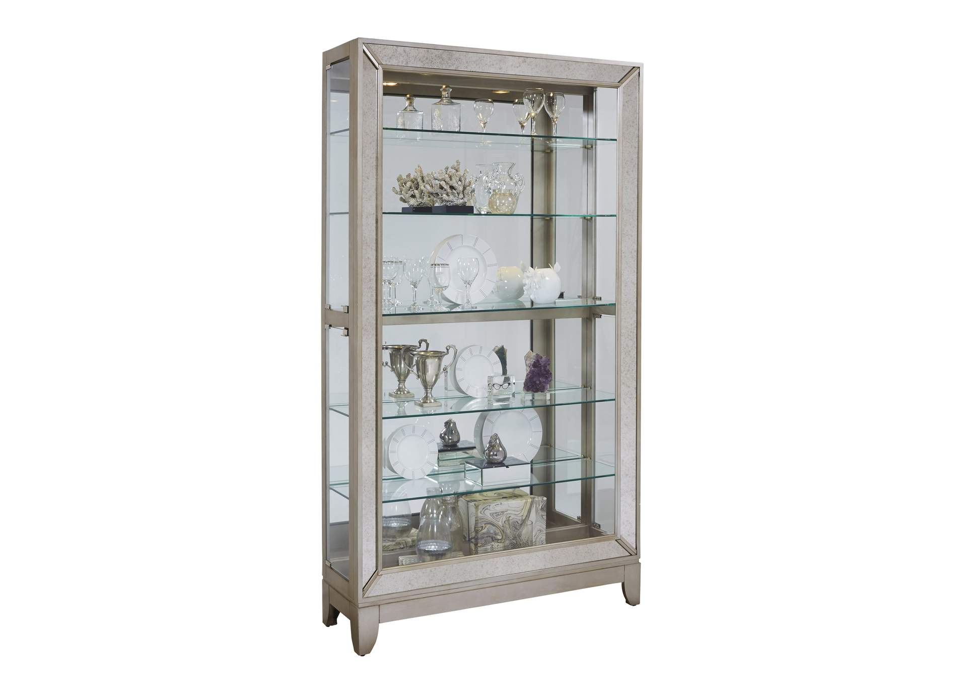 Antique Style 5 Shelf Mirrored Curio Cabinet in Aged Silver image 4