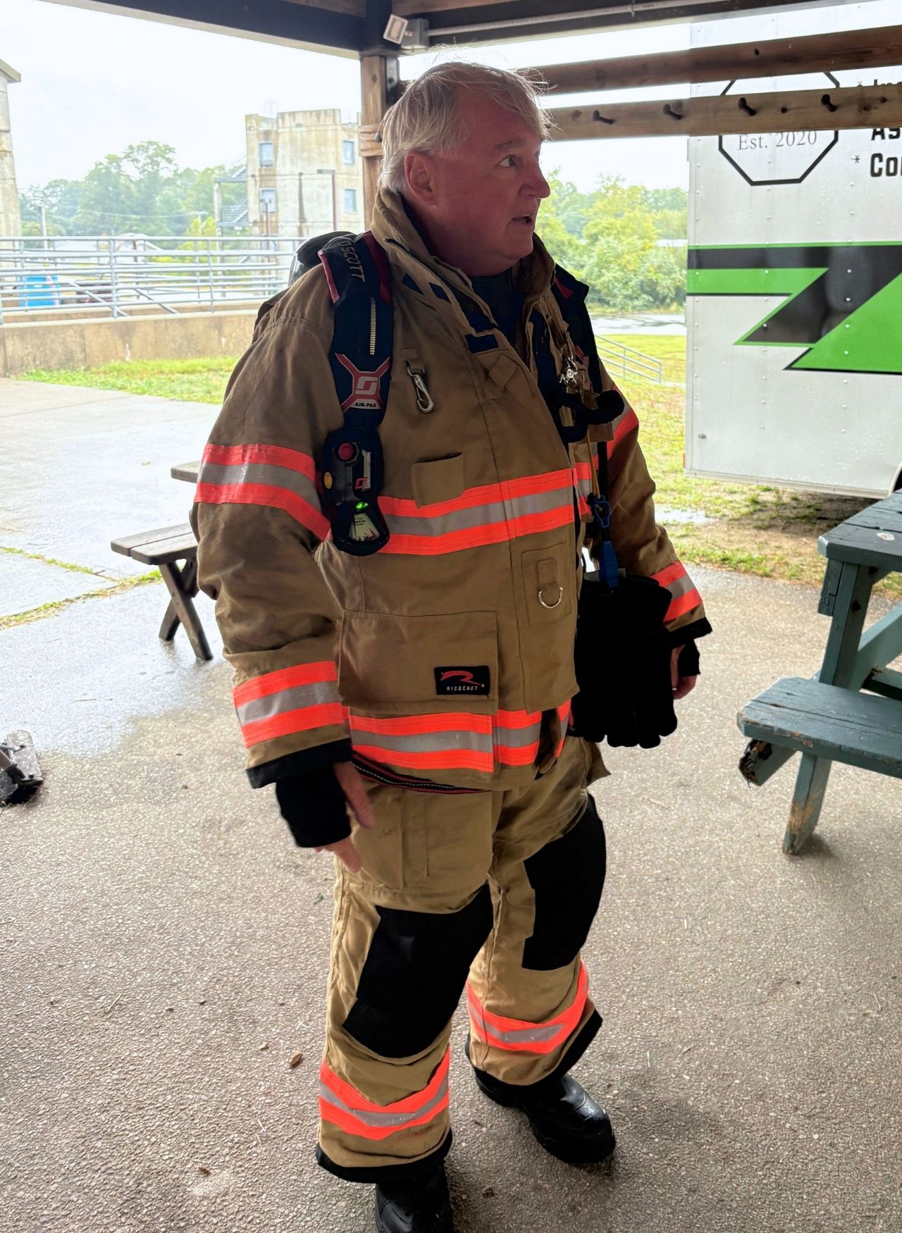 Alt Text: Chief Kevin Quinn wearing Ricochet PFAS-free turnout gear during firefighter training.