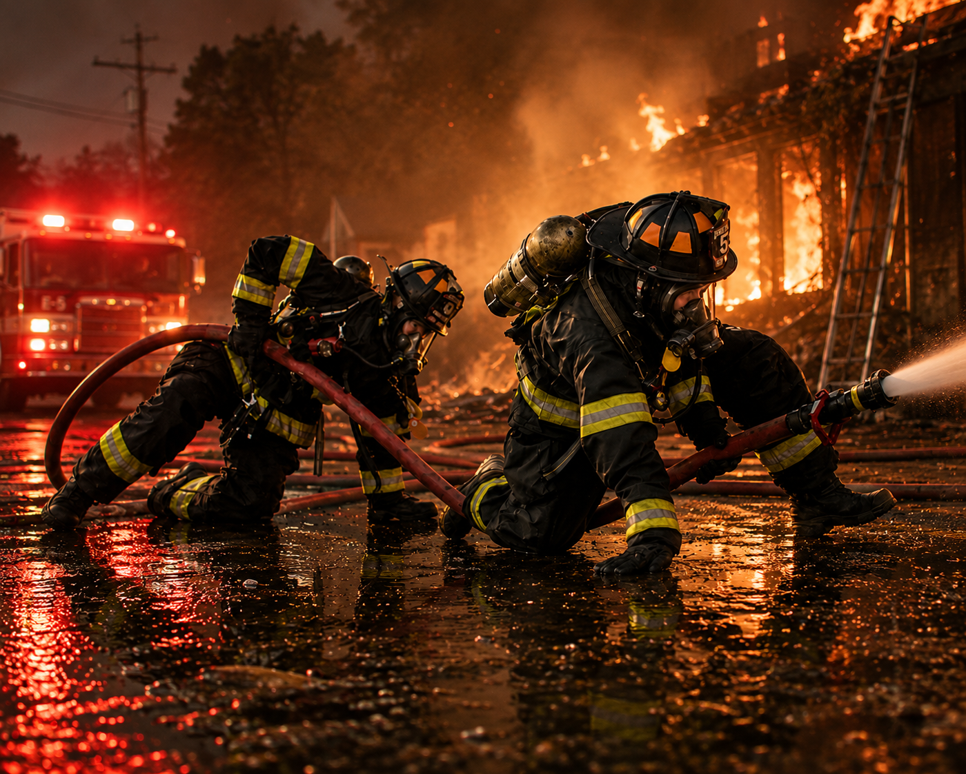 Firefighter advancing hose in Ricochet Maximum Mobility turnout gear