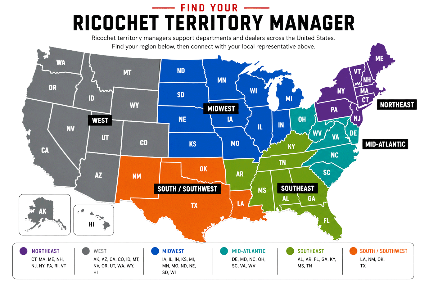 Ricochet sales territory map showing regional coverage across the United States