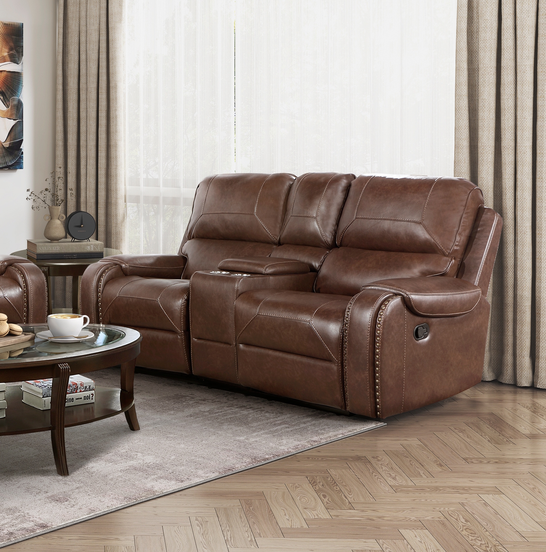 Newnan Double Glider Reclining Love Seat with Center Console, Receptacles and USB Ports image 1