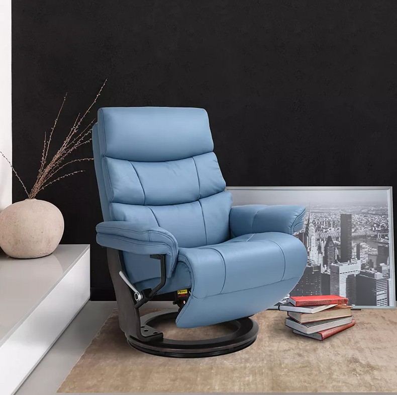 Cheer Modern Leather Recliner w/Flip-Up Ottoman in Ocean Blue