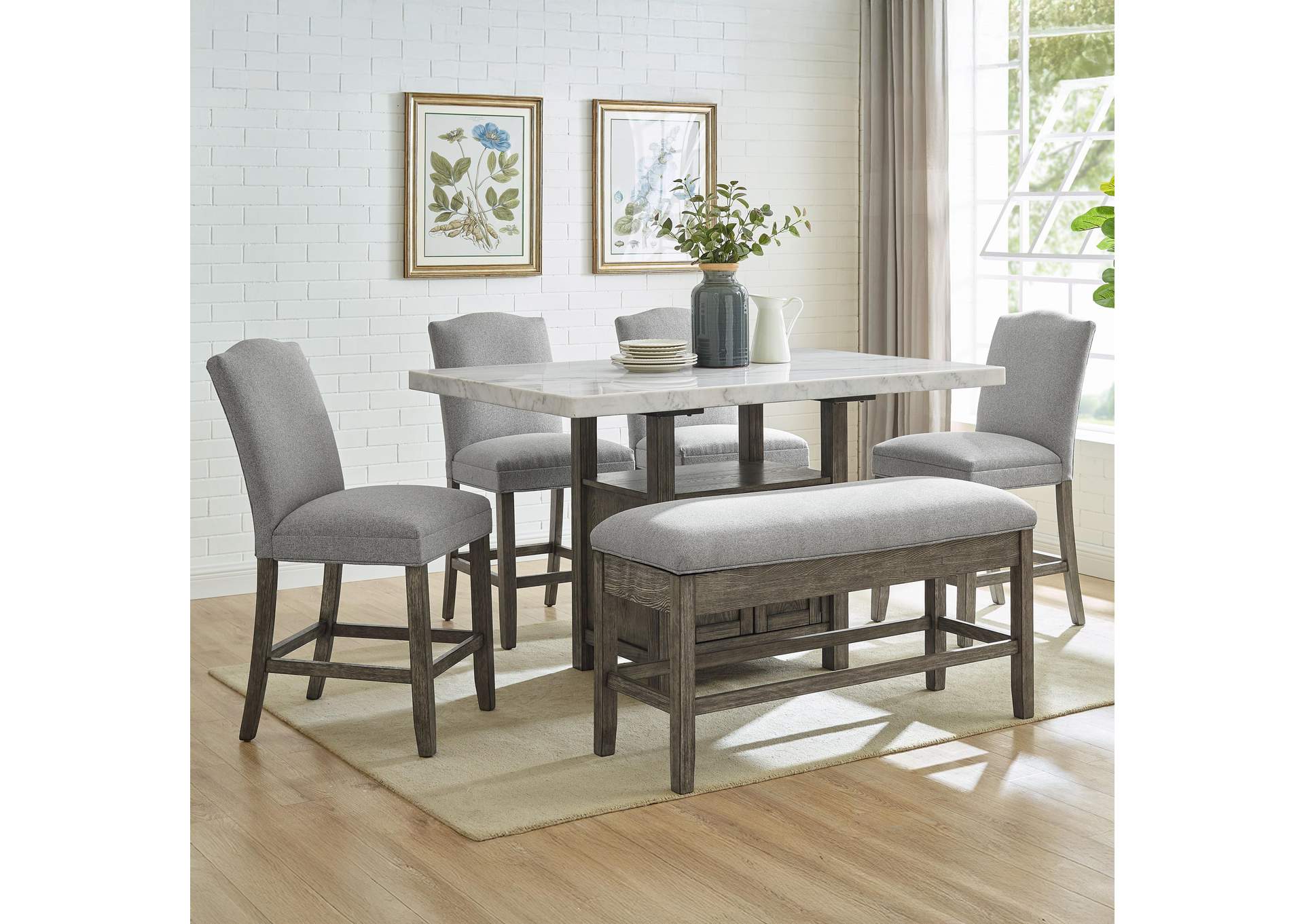 Grayson 8-Piece Marble Top Counter Height Dining Table Set with Gray Chairs and Bench image 1
