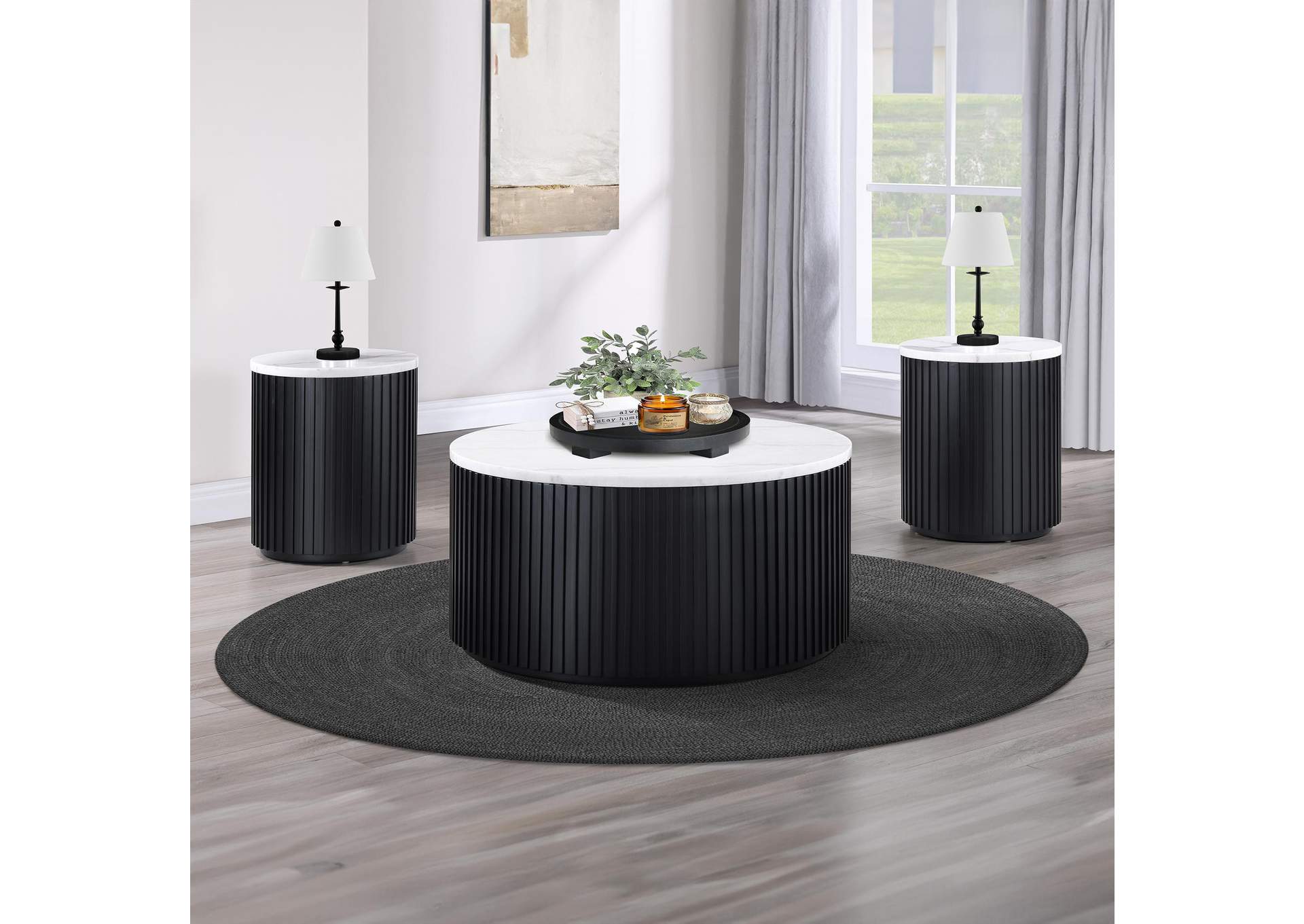 Colvin Round White Marble Top Table Set, Black Finish image 1