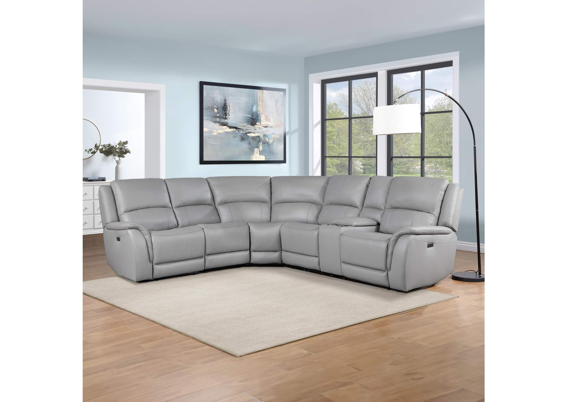 Alexandria 6-Piece Dual-Power Leather Reclining Sectional, Stone image 1