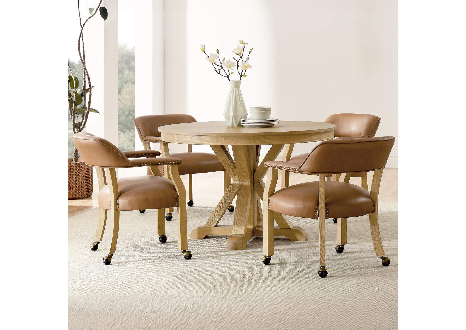 Rylie Dining Table and 4 Captains Chairs, Natural Finish, Camel Vegan Leather image 1
